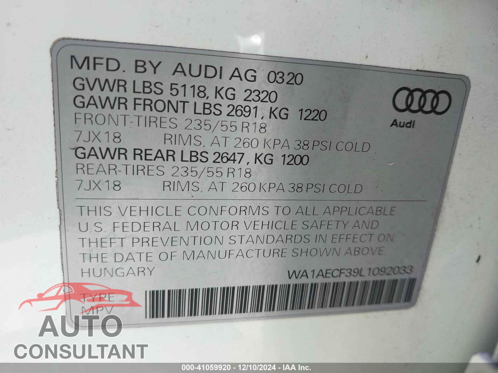 AUDI Q3 2020 - WA1AECF39L1092033