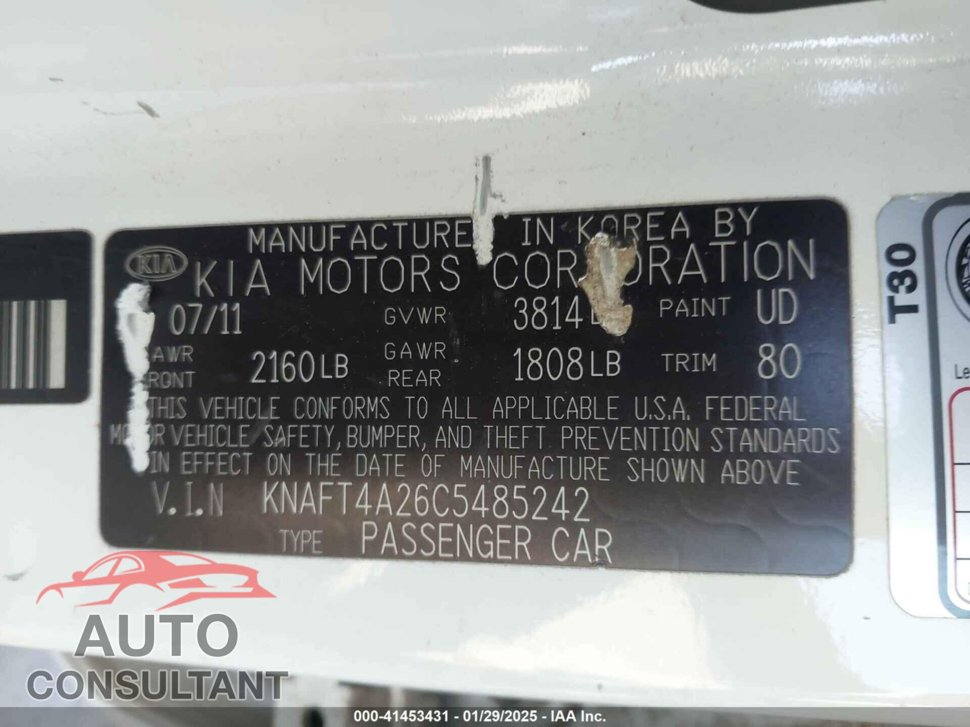 KIA FORTE 2012 - KNAFT4A26C5485242