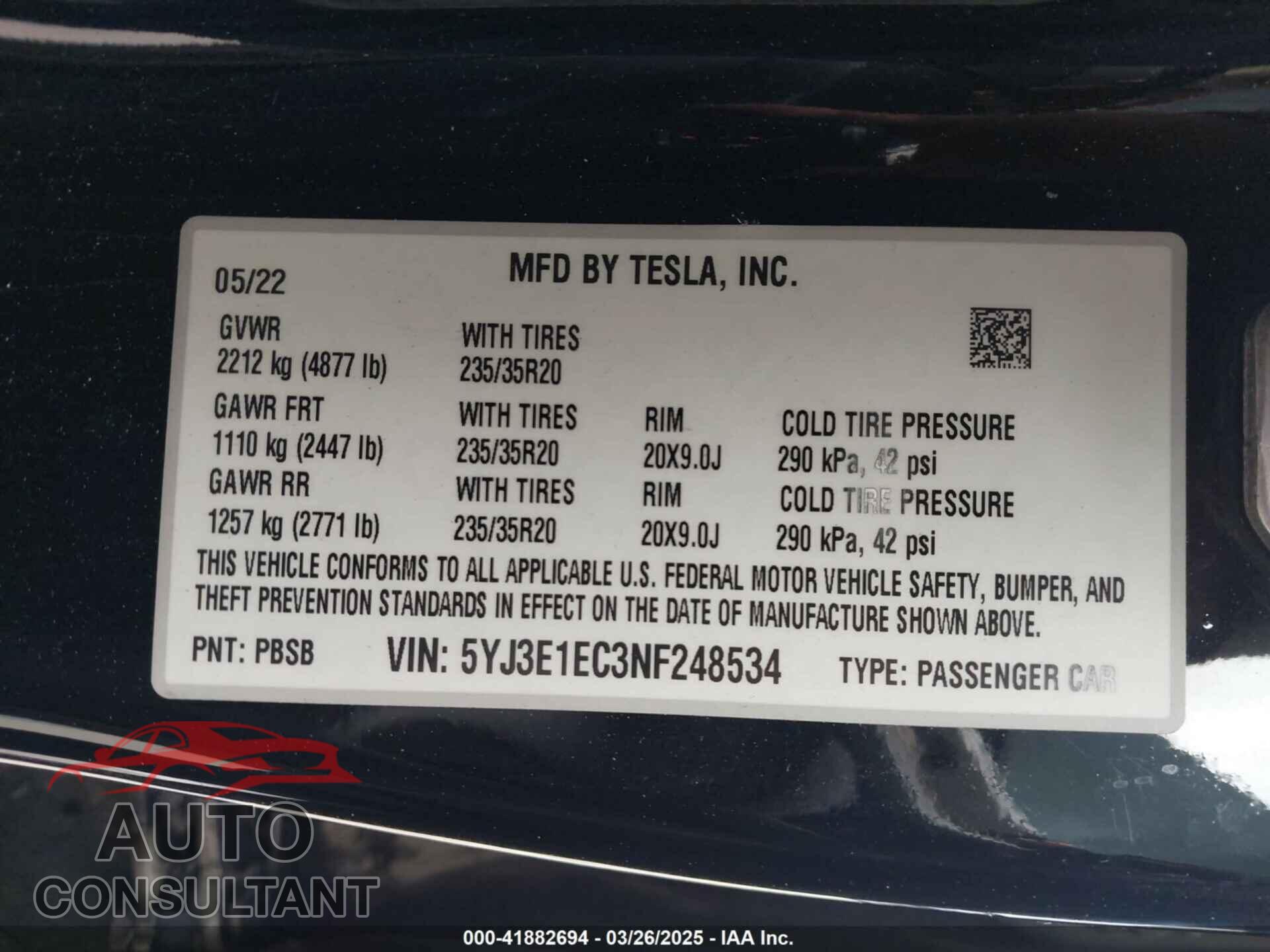 TESLA MODEL 3 2022 - 5YJ3E1EC3NF248534