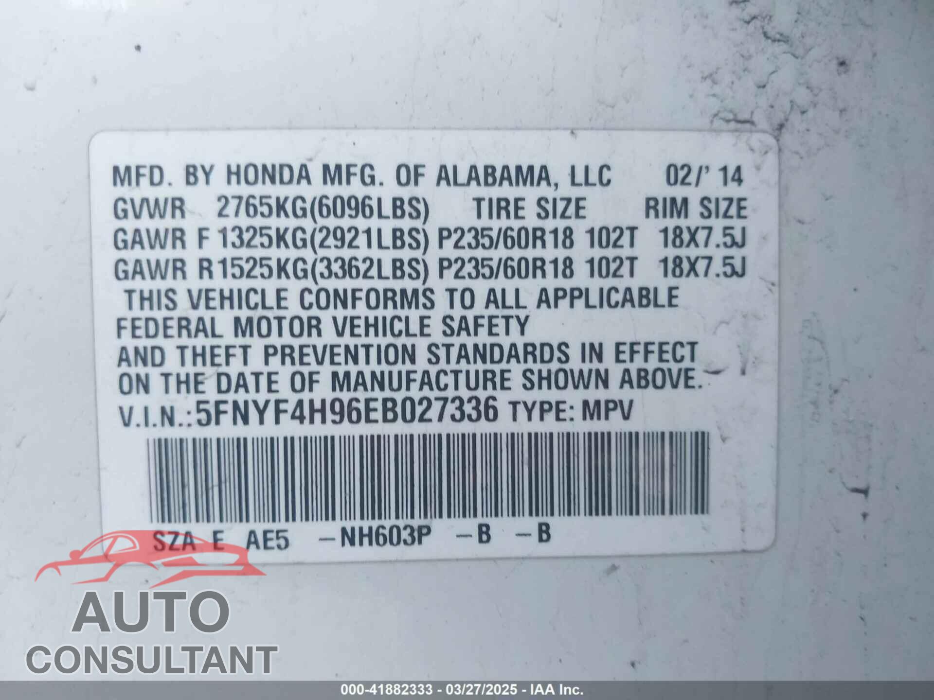 HONDA PILOT 2014 - 5FNYF4H96EB027336