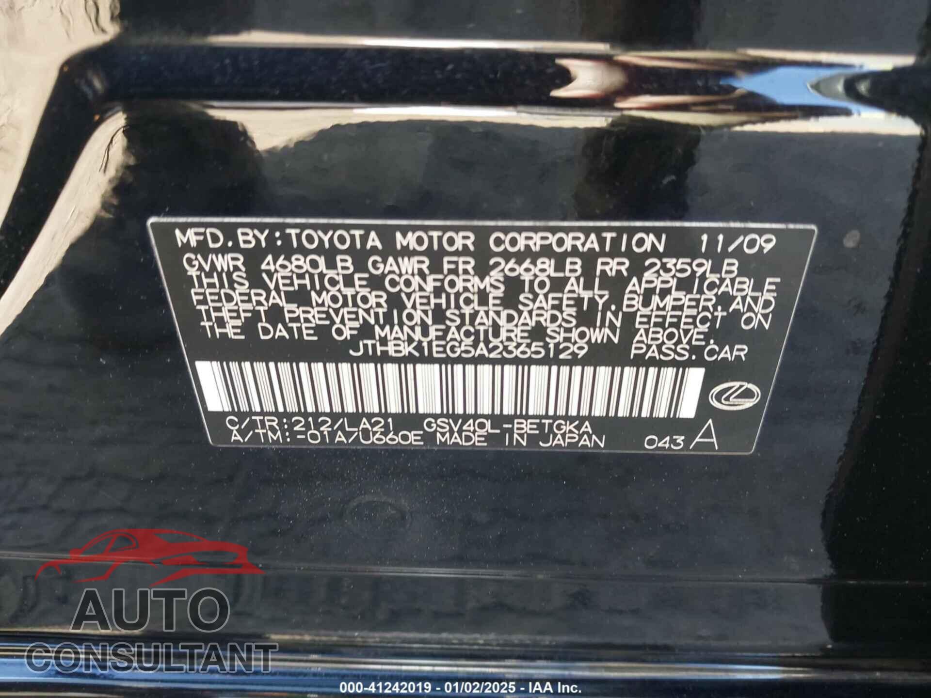 LEXUS ES 350 2010 - JTHBK1EG5A2365129