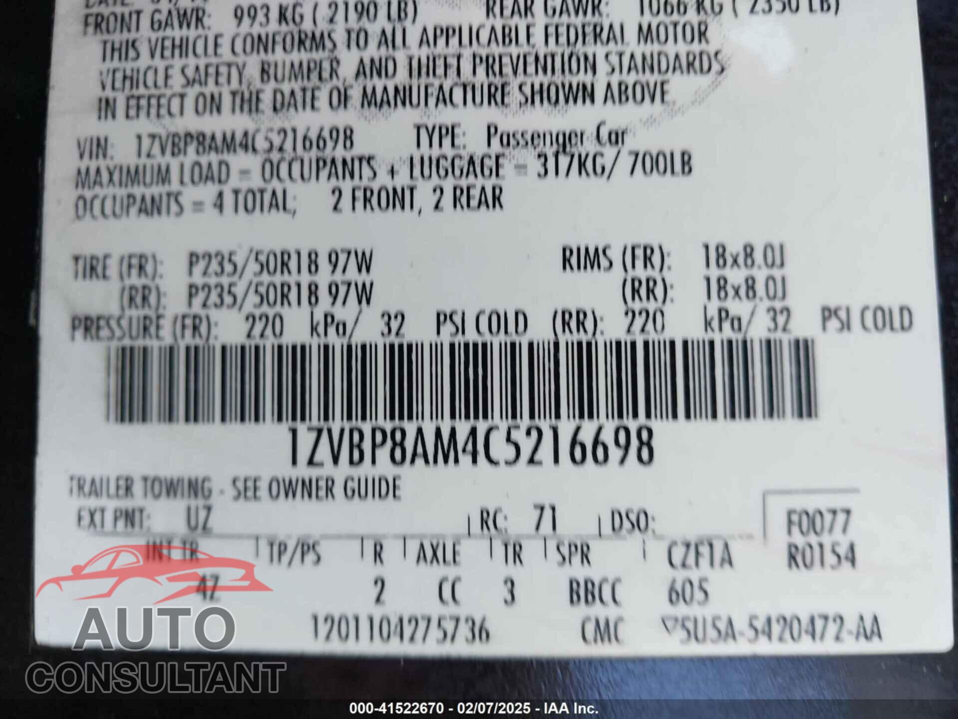 FORD MUSTANG 2012 - 1ZVBP8AM4C5216698