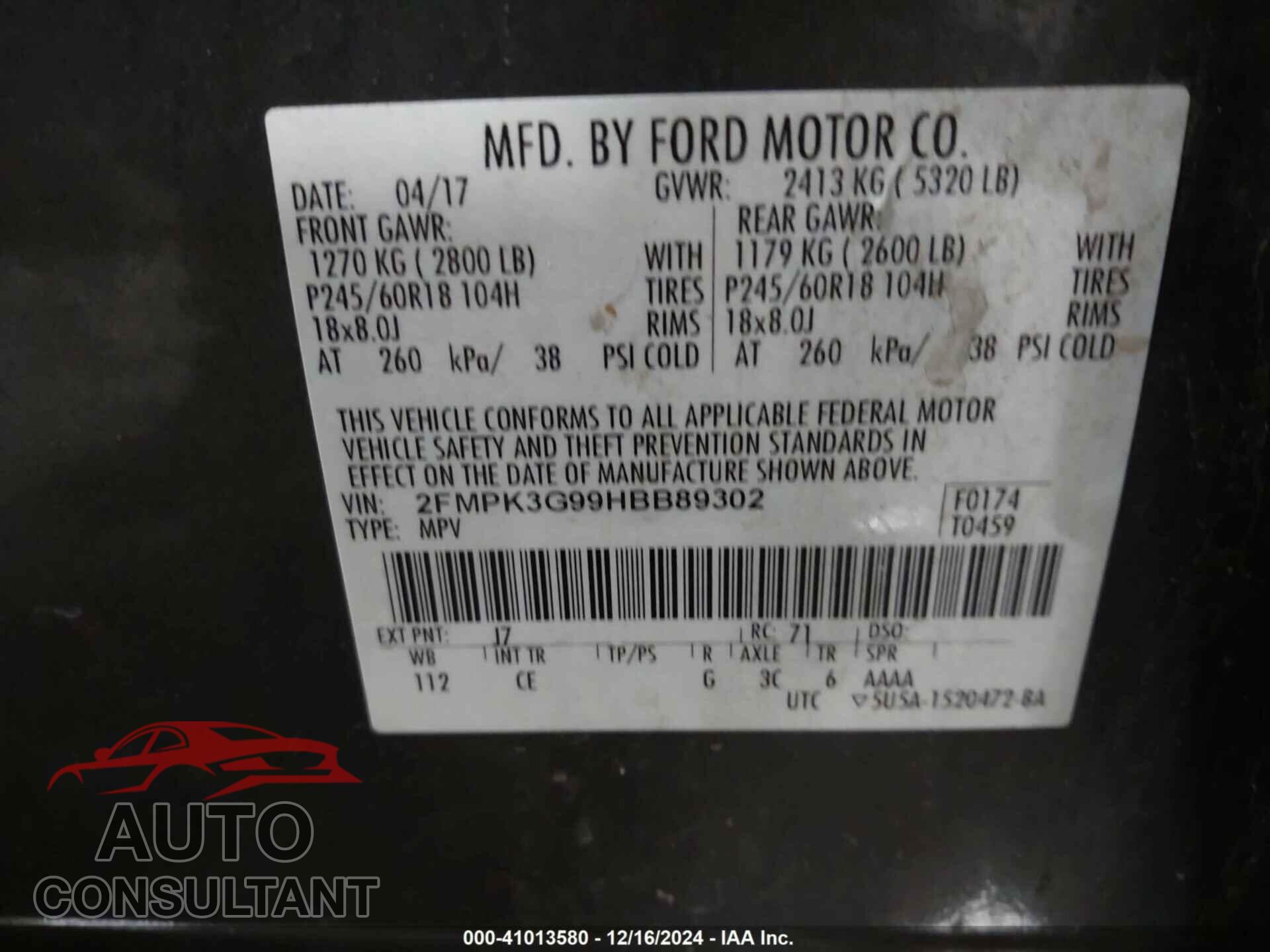 FORD EDGE 2017 - 2FMPK3G99HBB89302