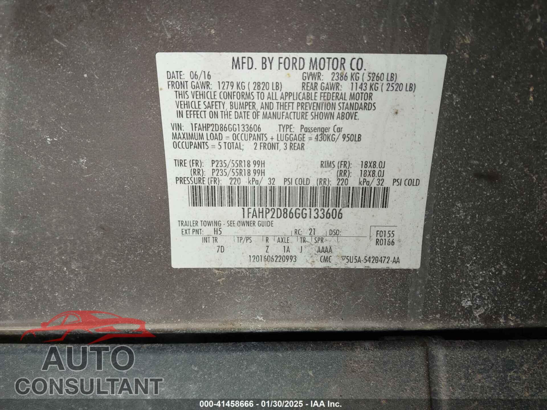 FORD TAURUS 2016 - 1FAHP2D86GG133606