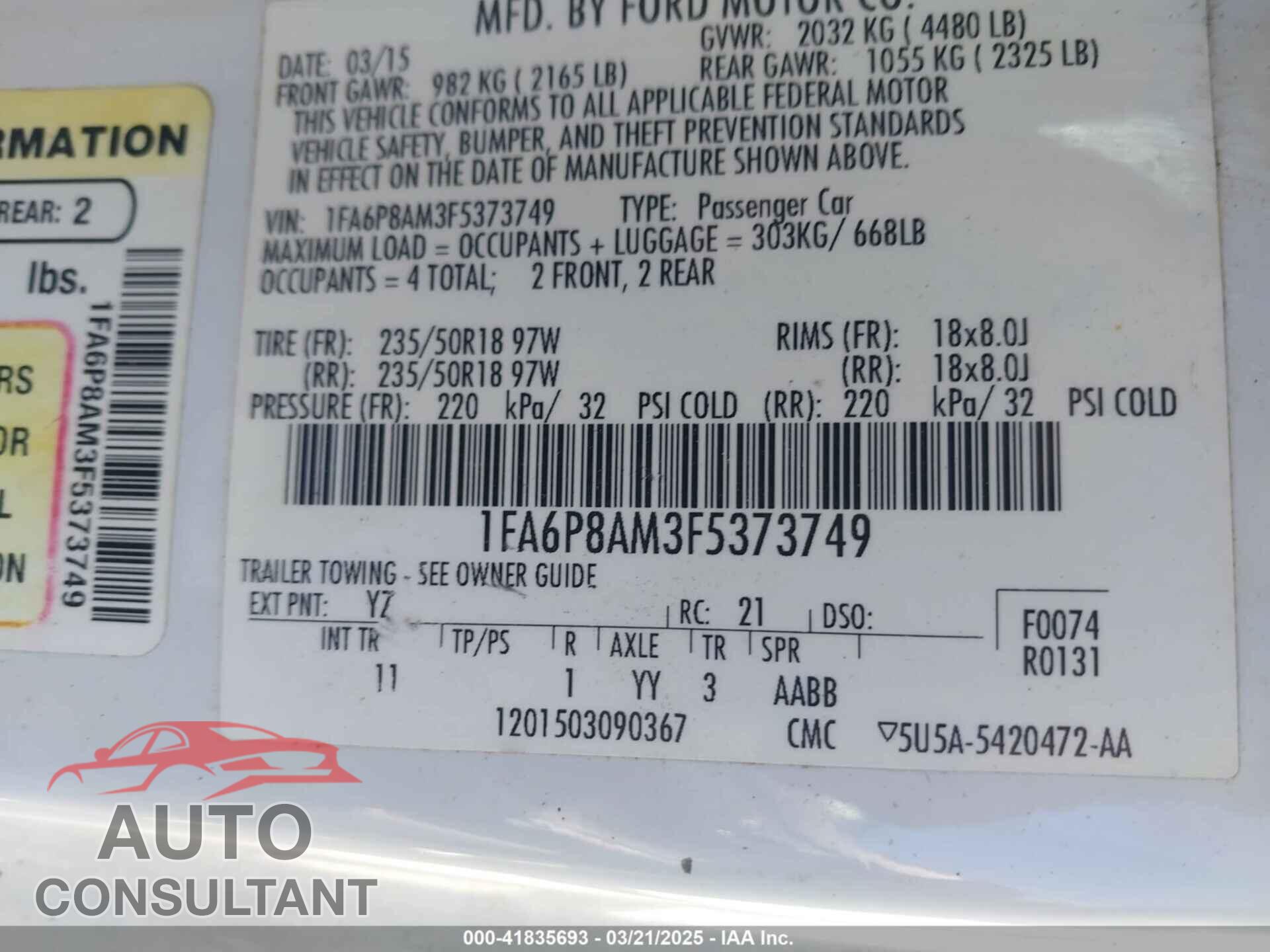 FORD MUSTANG 2015 - 1FA6P8AM3F5373749