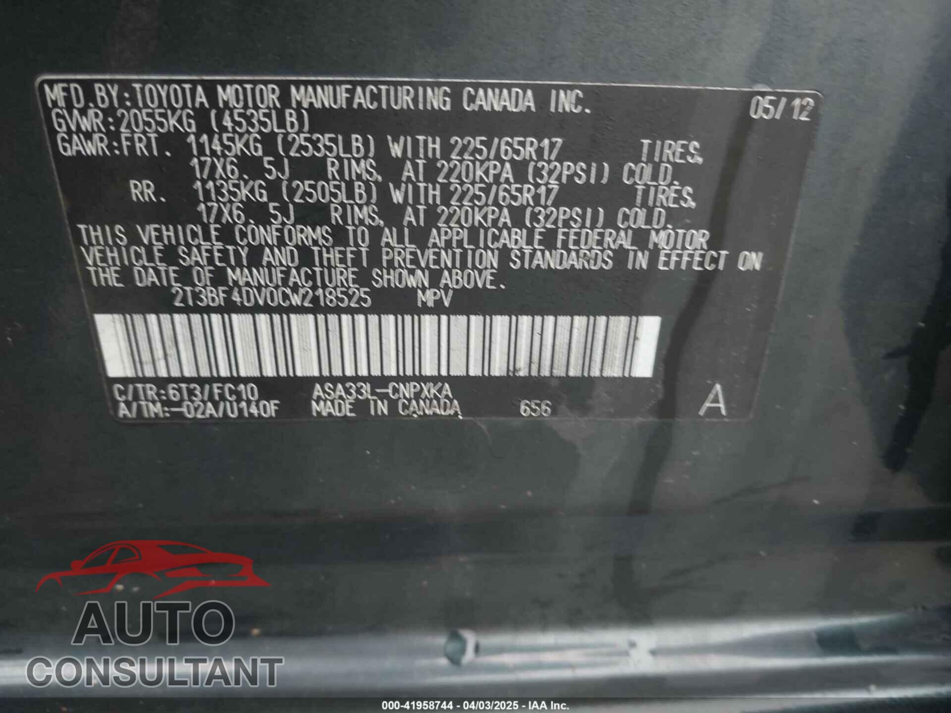 TOYOTA RAV4 2012 - 2T3BF4DV0CW218525