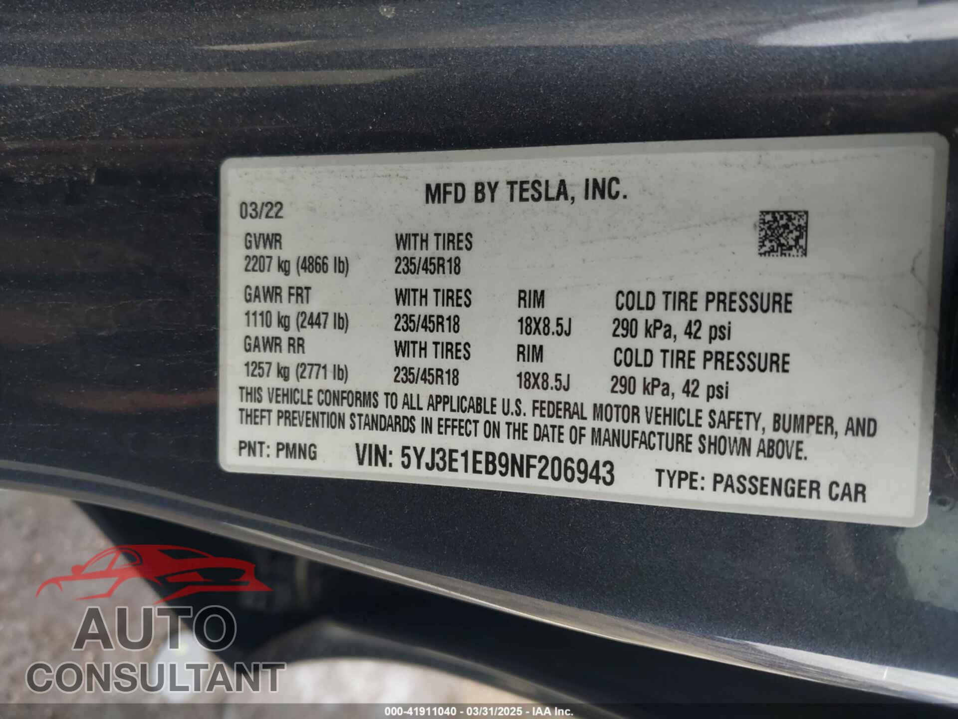 TESLA MODEL 3 2022 - 5YJ3E1EB9NF206943