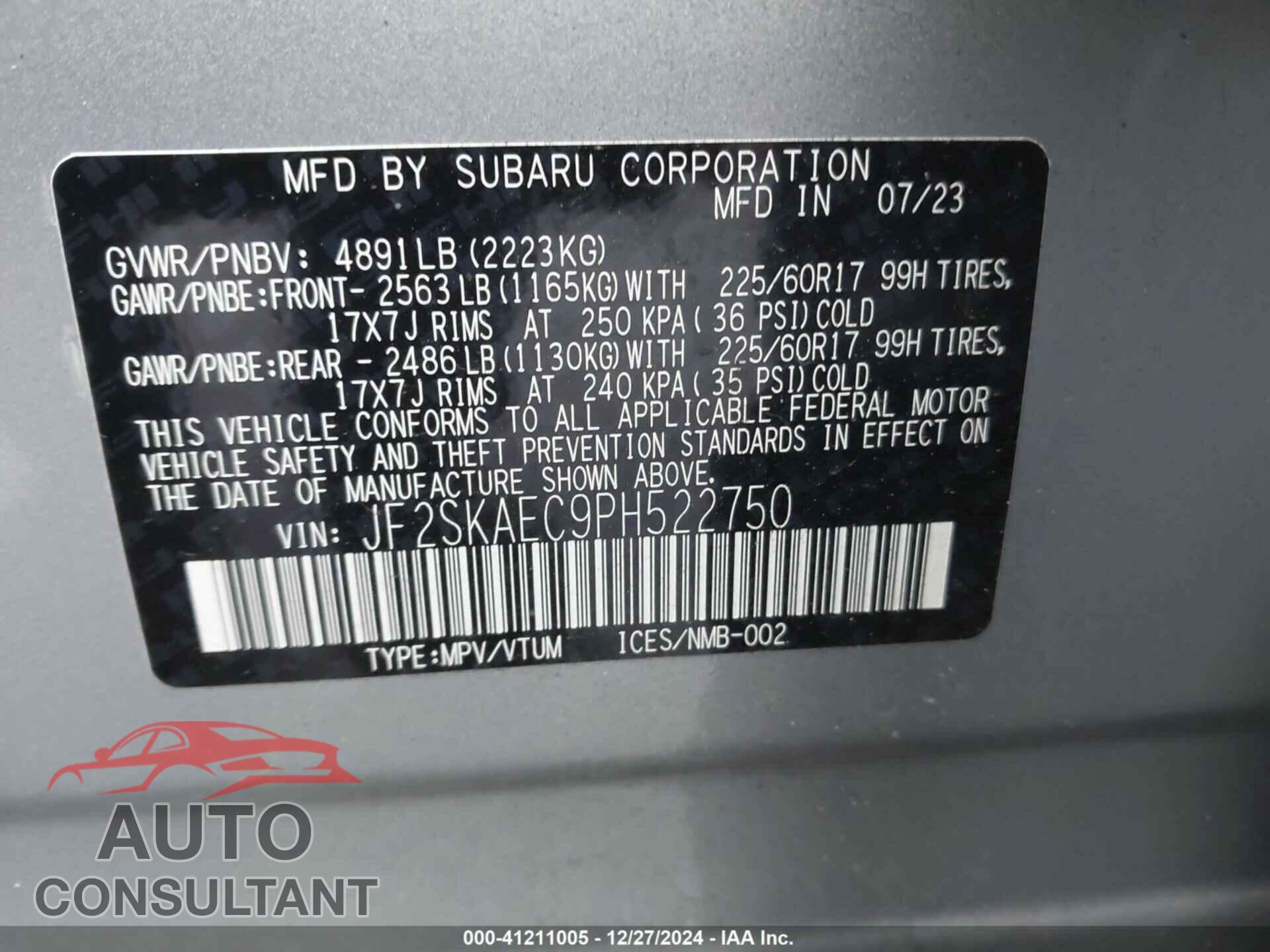 SUBARU FORESTER 2023 - JF2SKAEC9PH522750