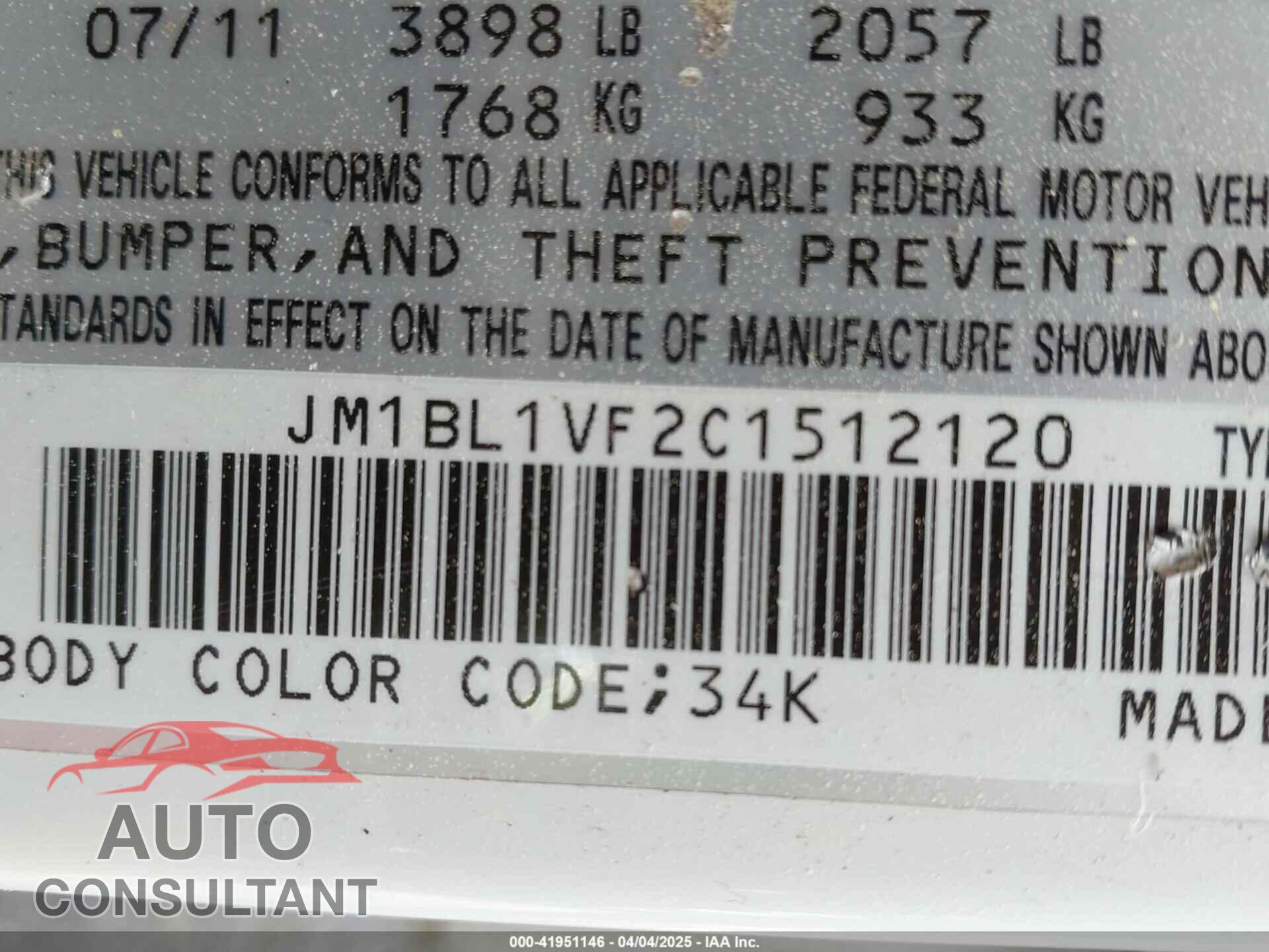 MAZDA MAZDA3 2012 - JM1BL1VF2C1512120