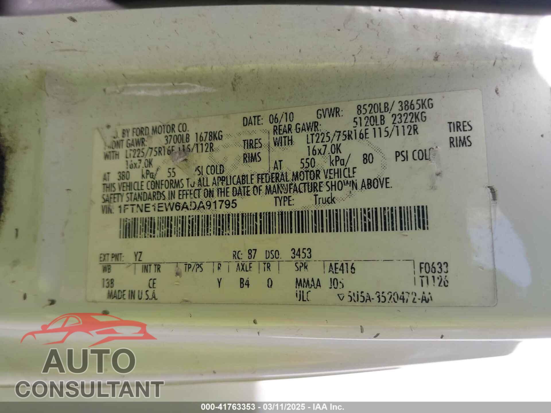 FORD E-150 2010 - 1FTNE1EW6ADA91795