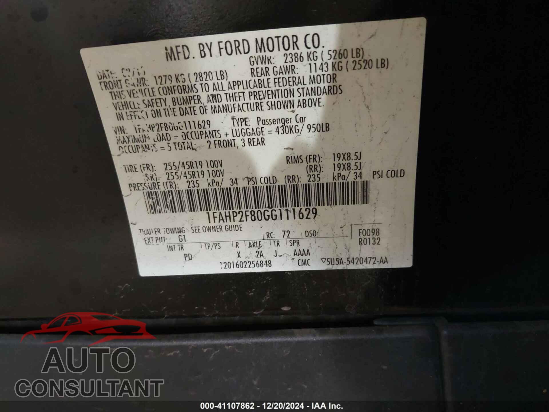 FORD TAURUS 2016 - 1FAHP2F80GG111629