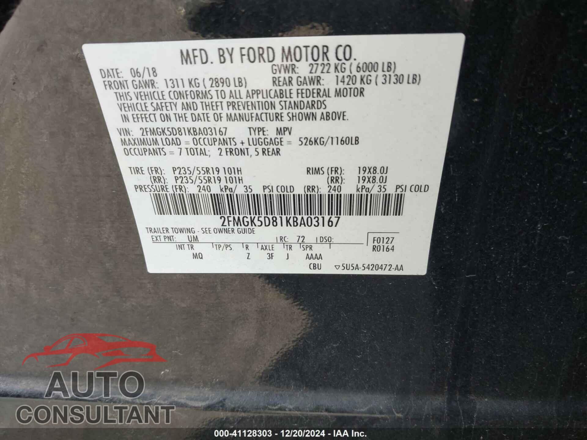 FORD FLEX 2019 - 2FMGK5D81KBA03167