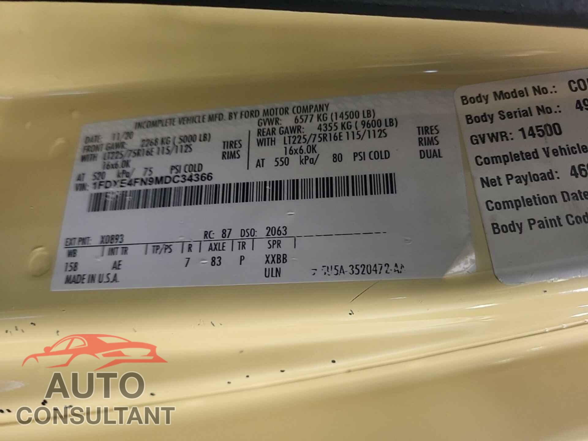 FORD E-450 CUTAWAY 2021 - 1FDXE4FN9MDC34366