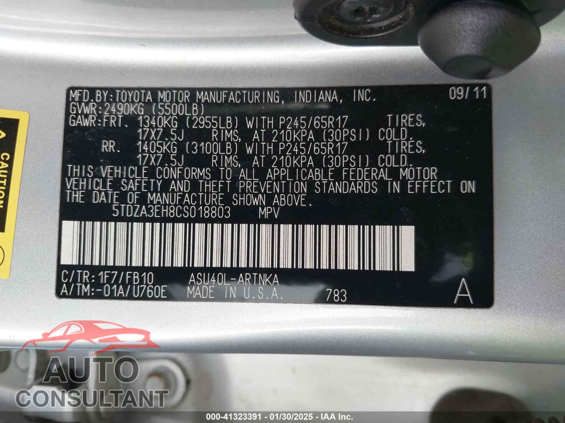 TOYOTA HIGHLANDER 2012 - 5TDZA3EH8CS018803