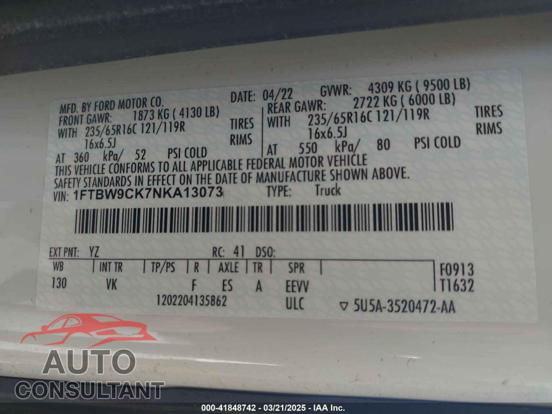 FORD E-TRANSIT-350 2022 - 1FTBW9CK7NKA13073