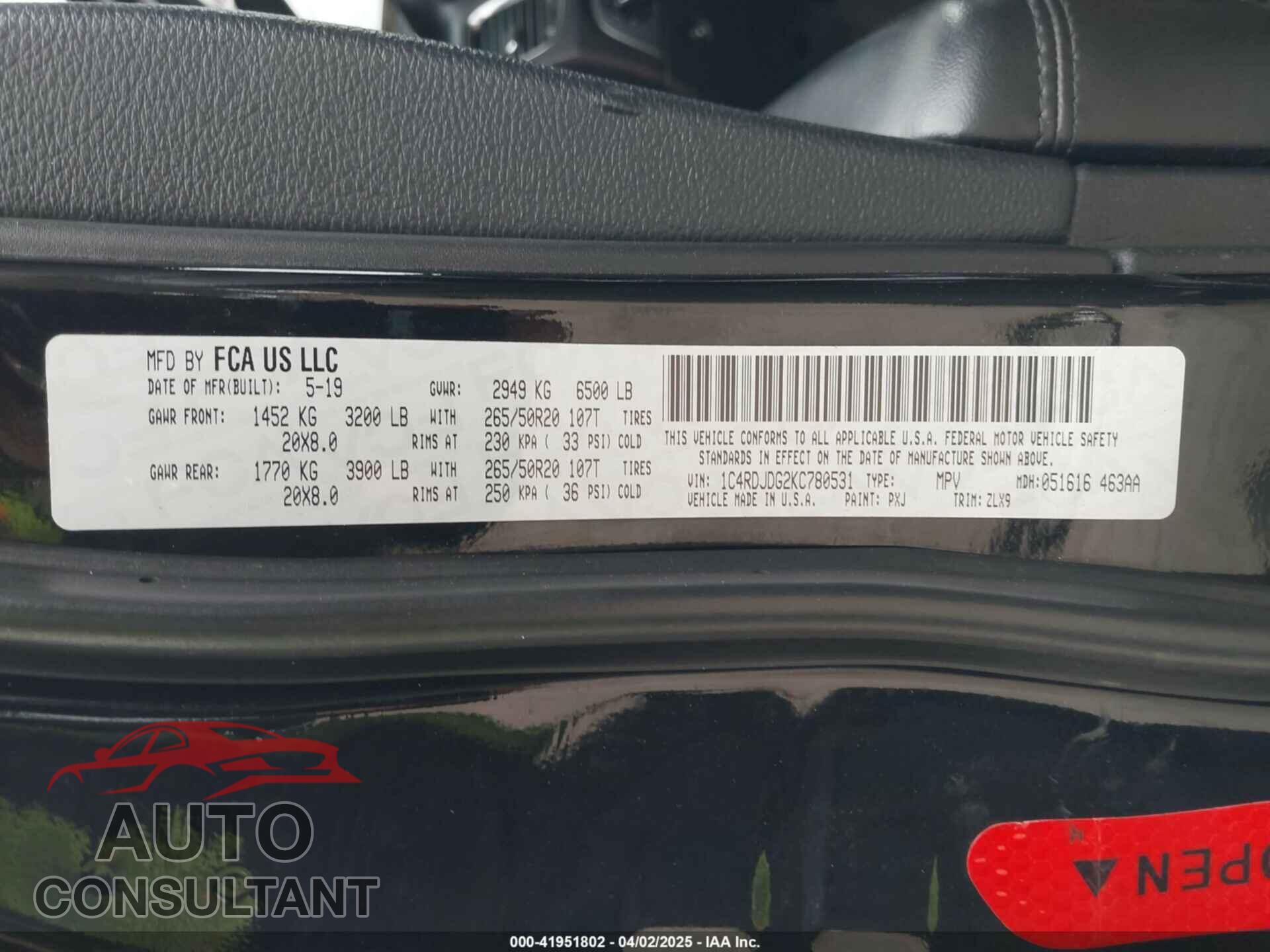 DODGE DURANGO 2019 - 1C4RDJDG2KC780531