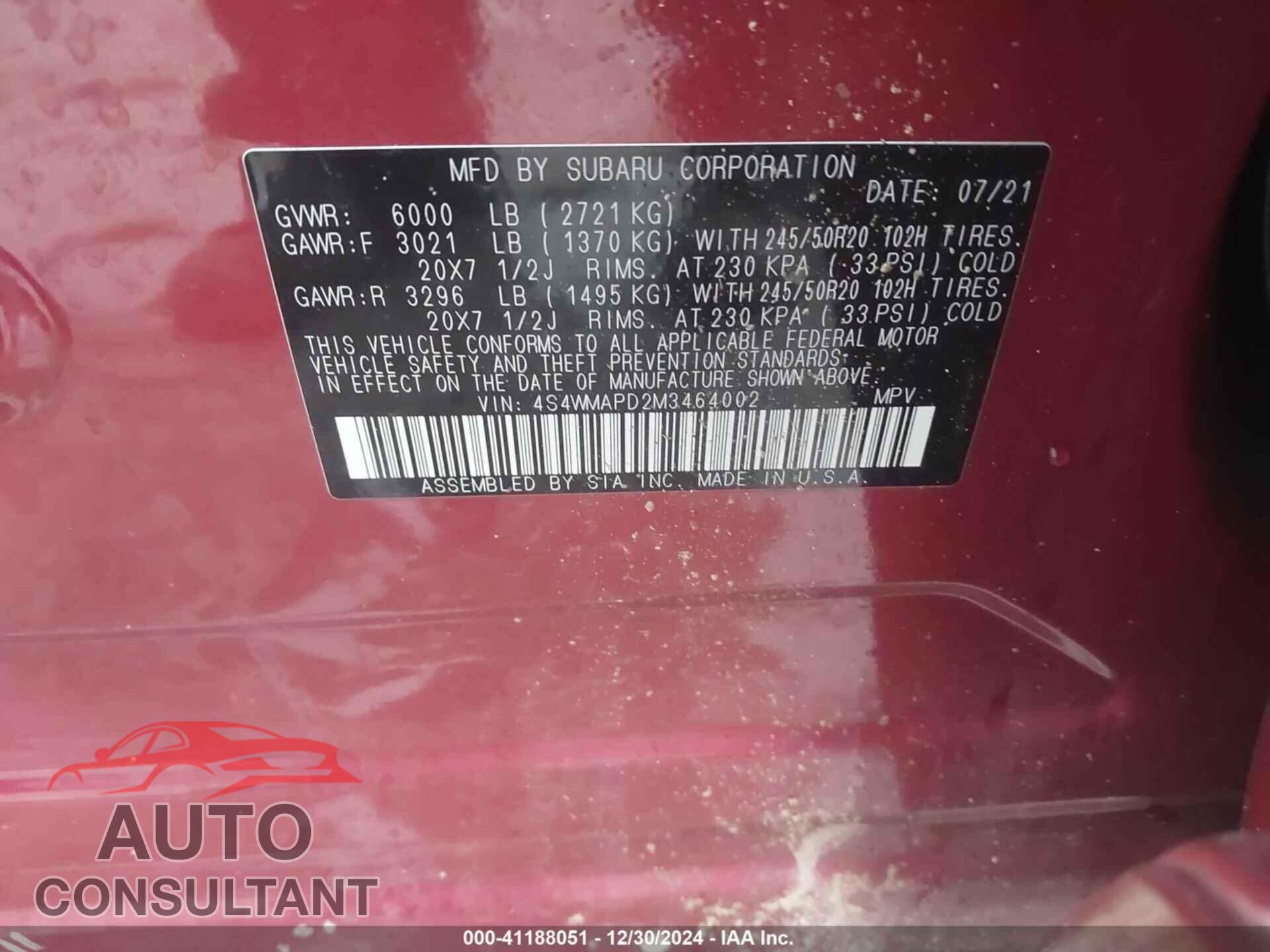 SUBARU ASCENT 2021 - 4S4WMAPD2M3464002