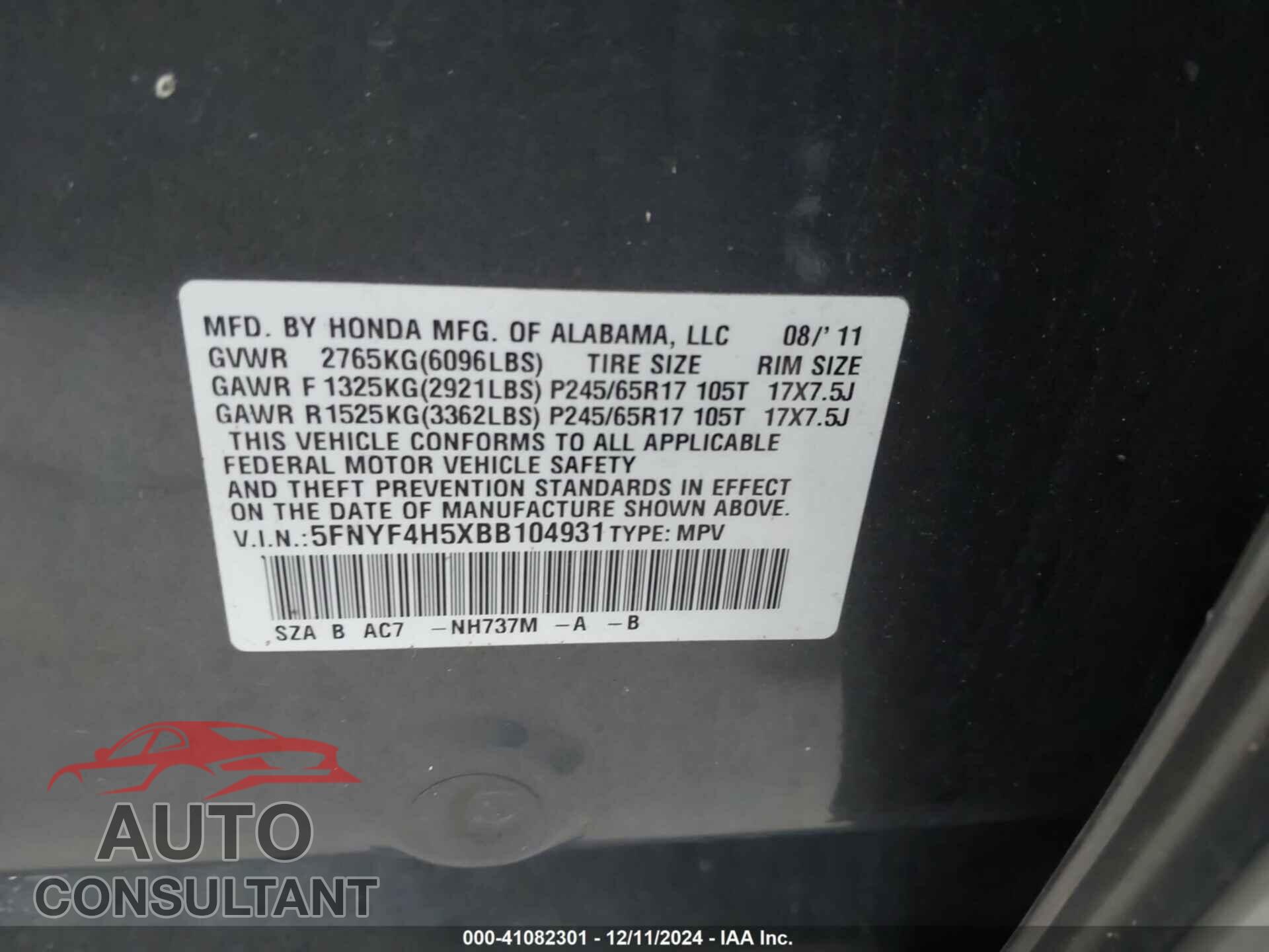 HONDA PILOT 2011 - 5FNYF4H5XBB104931