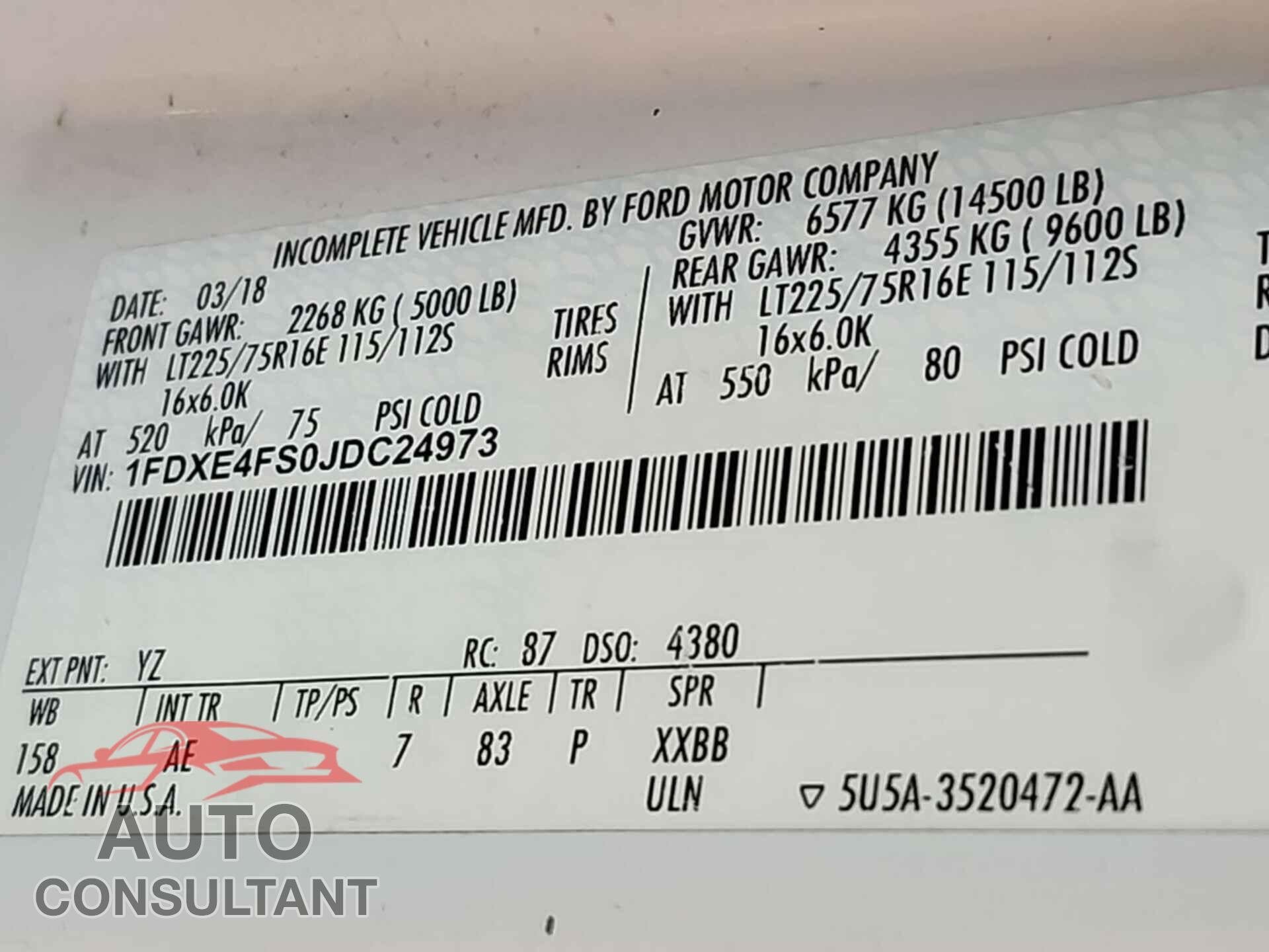 FORD E-450 CUTAWAY 2018 - 1FDXE4FS0JDC24973