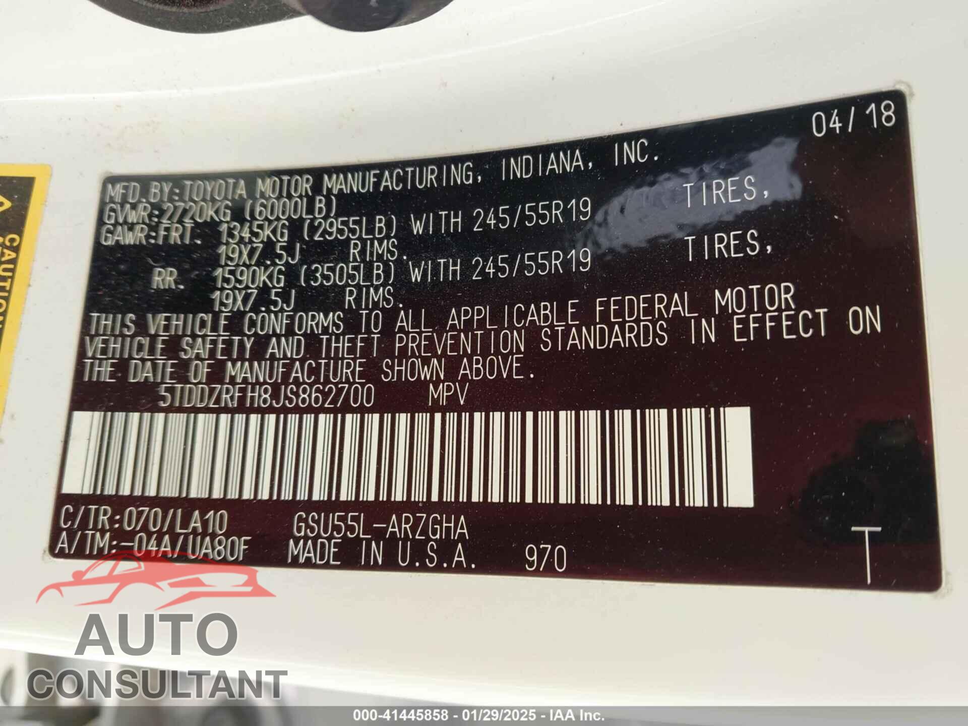 TOYOTA HIGHLANDER 2018 - 5TDDZRFH8JS862700