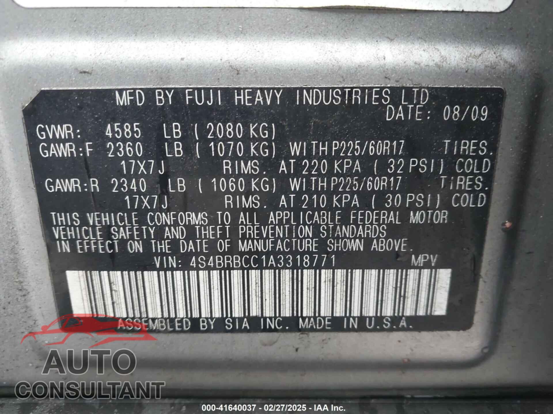 SUBARU OUTBACK 2010 - 4S4BRBCC1A3318771