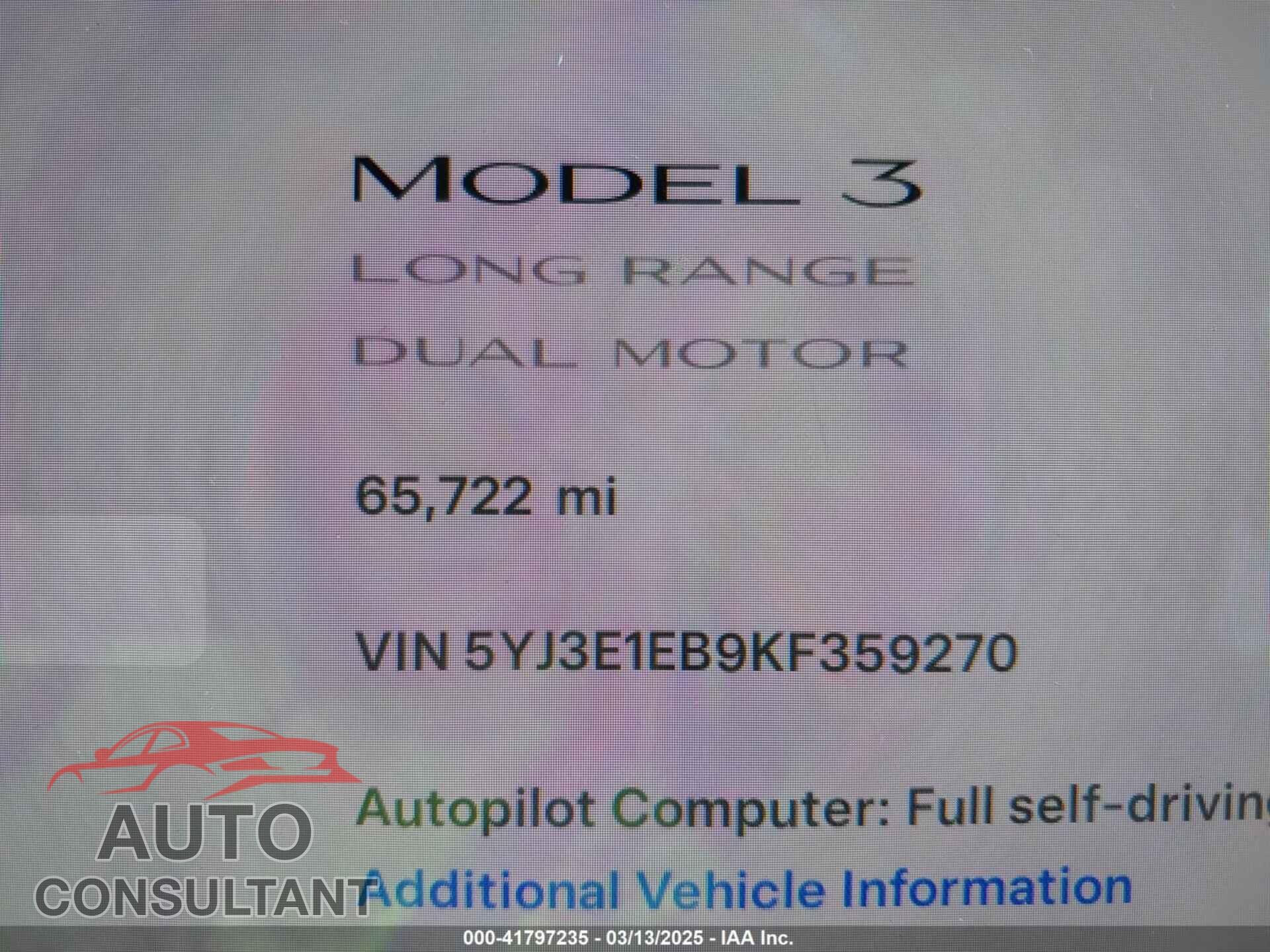 TESLA MODEL 3 2019 - 5YJ3E1EB9KF359270
