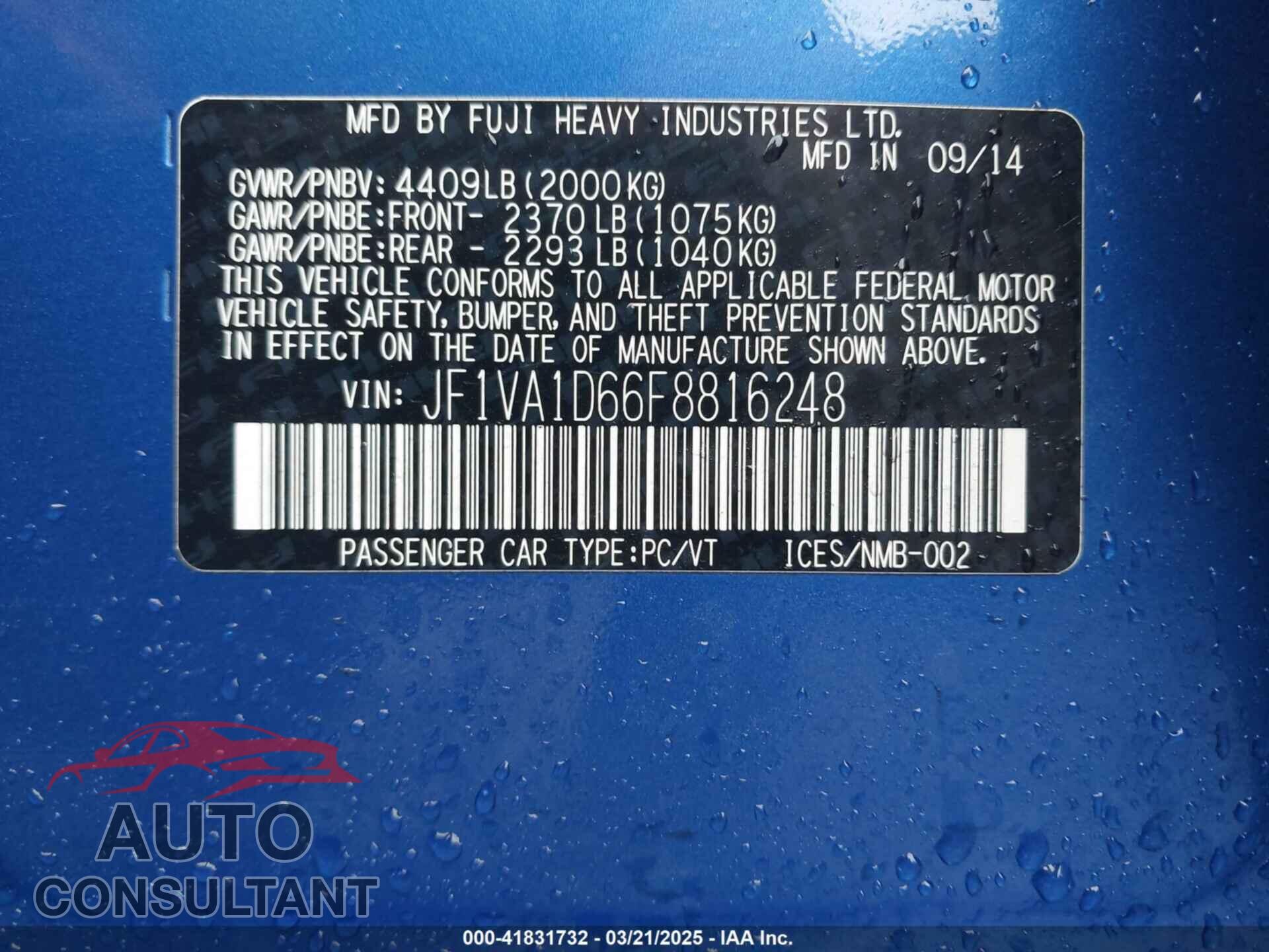 SUBARU WRX 2015 - JF1VA1D66F8816248