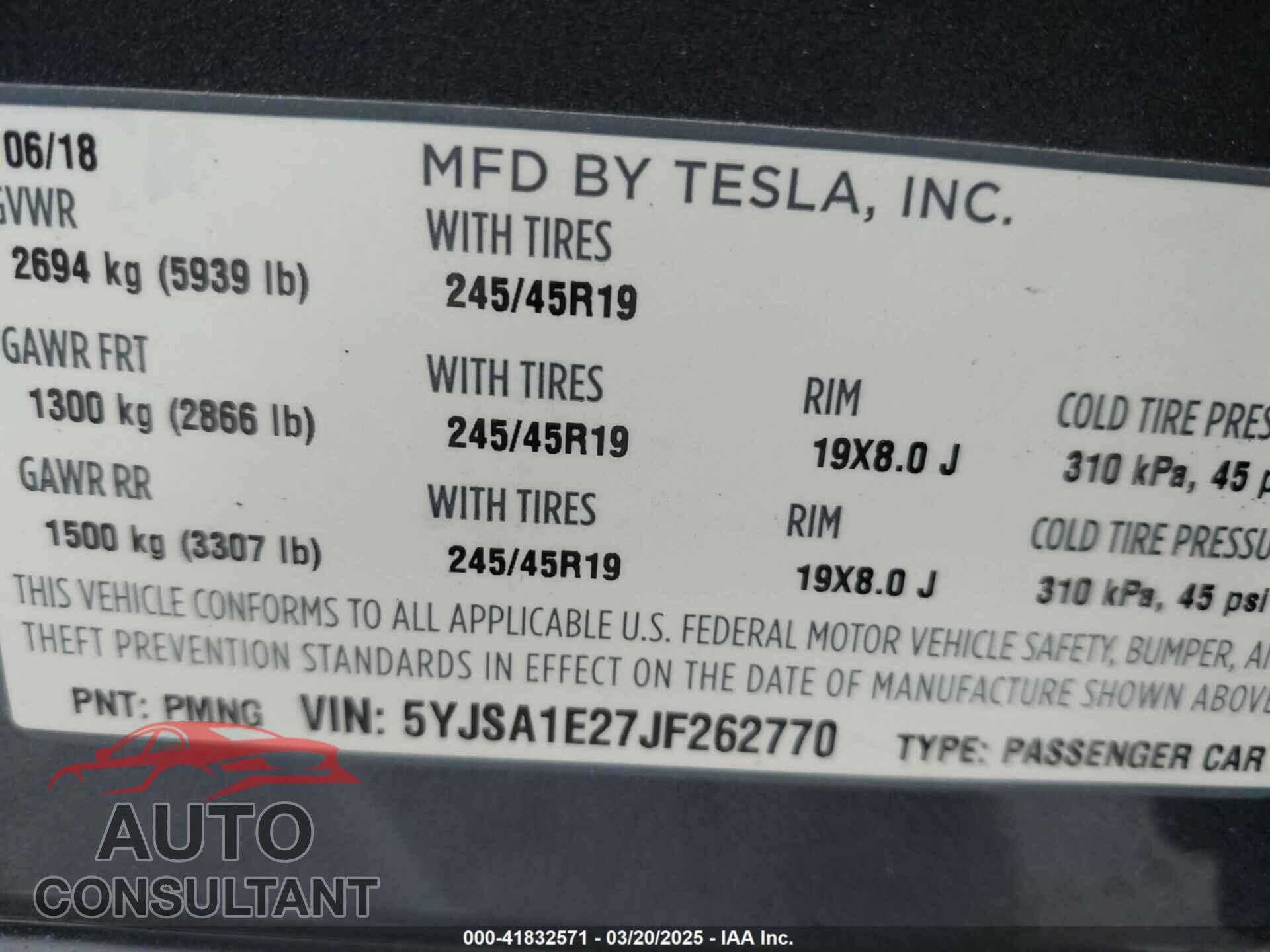 TESLA MODEL S 2018 - 5YJSA1E27JF262770