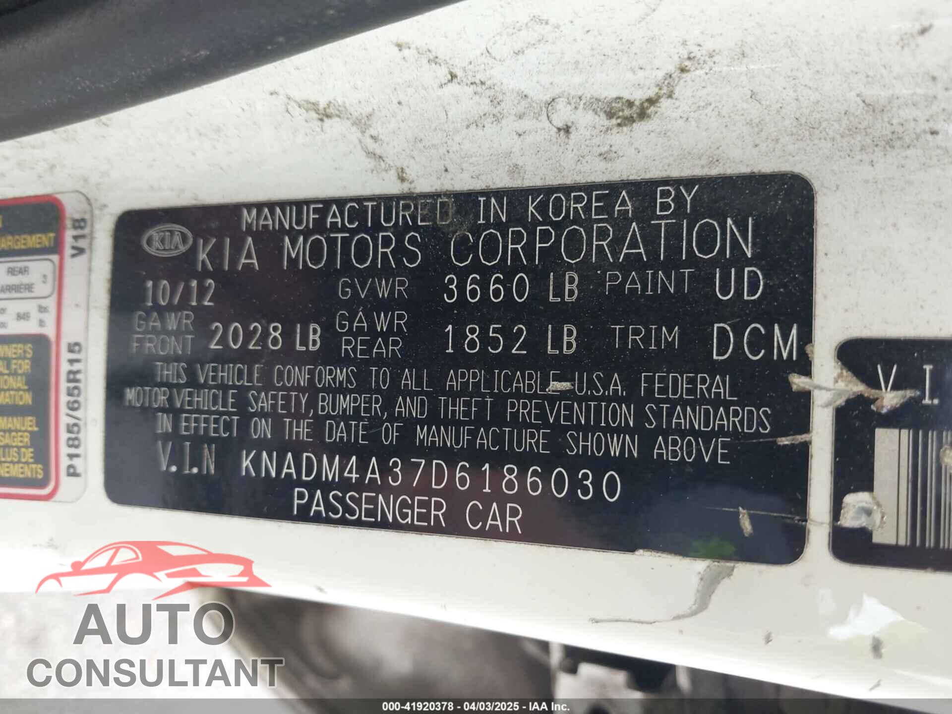 KIA RIO 2013 - KNADM4A37D6186030