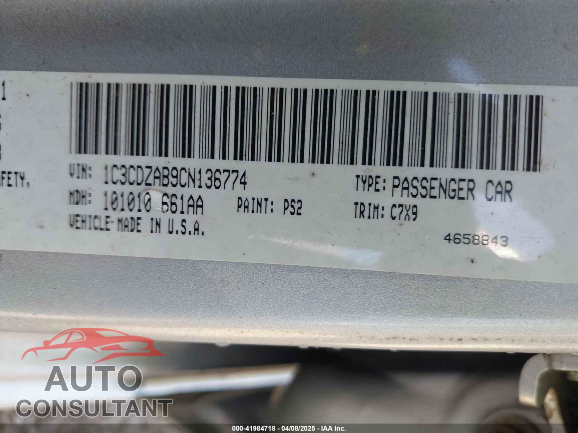DODGE AVENGER 2012 - 1C3CDZAB9CN136774