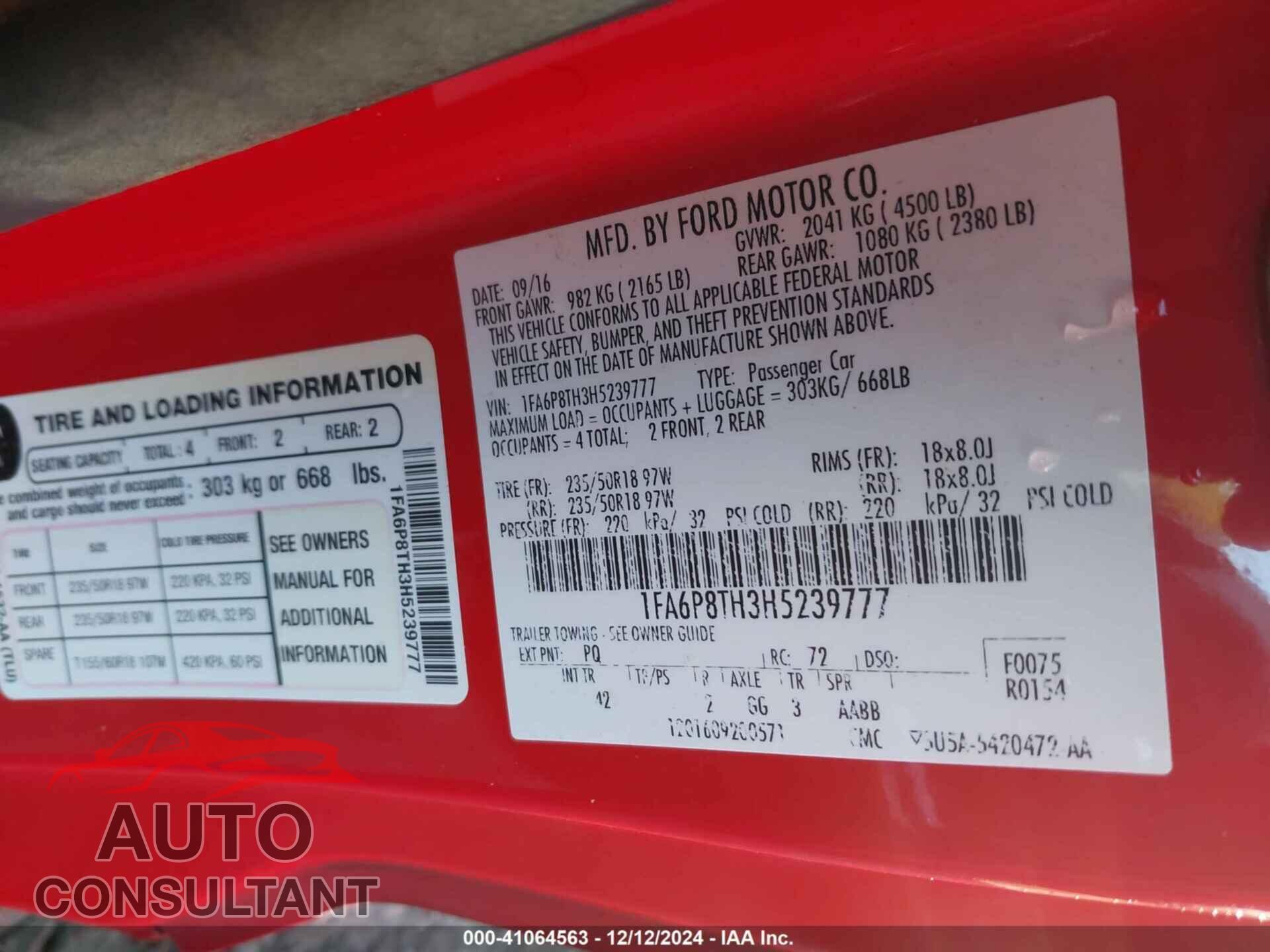 FORD MUSTANG 2017 - 1FA6P8TH3H5239777