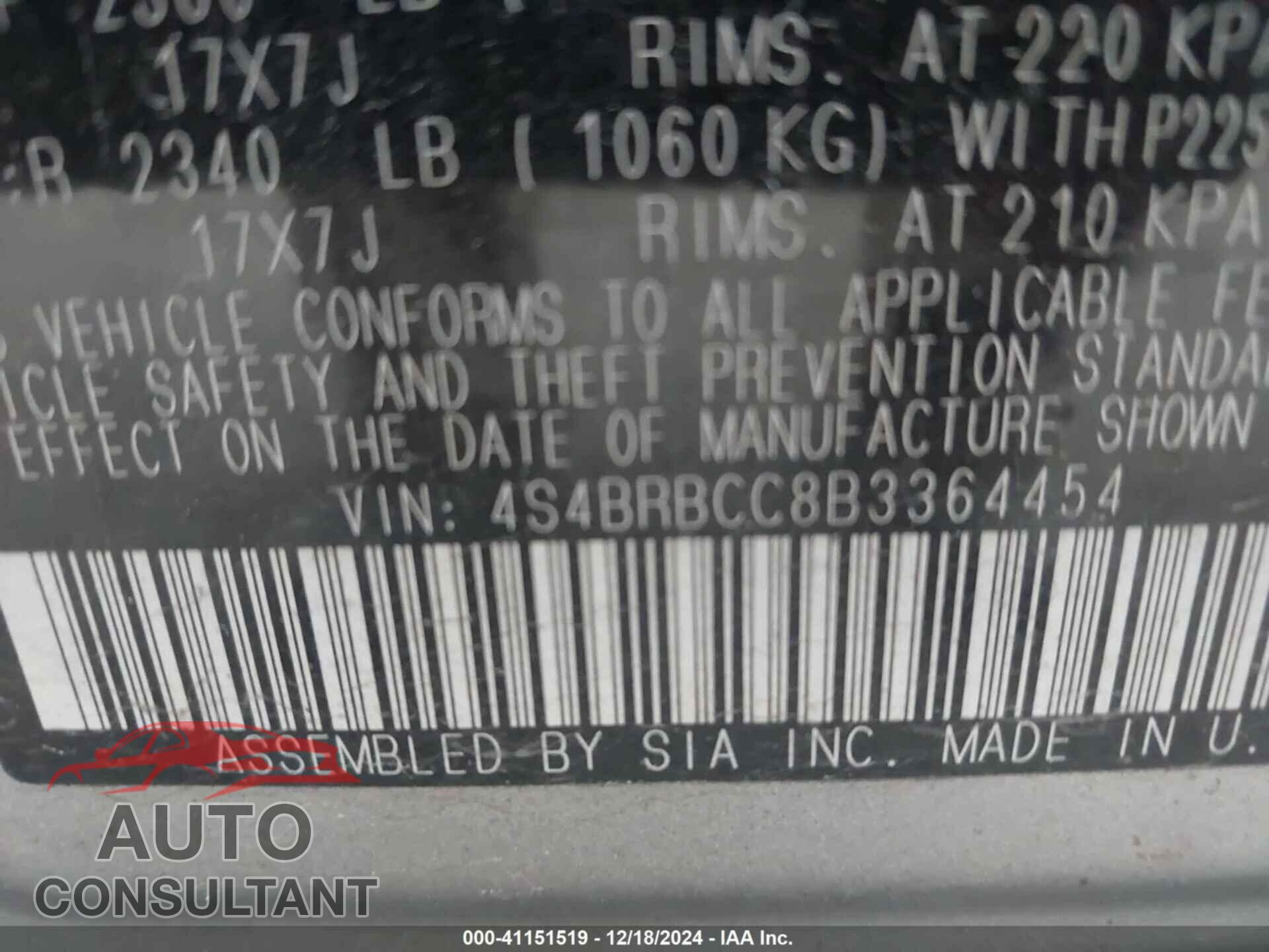 SUBARU OUTBACK 2011 - 4S4BRBCC8B3364454