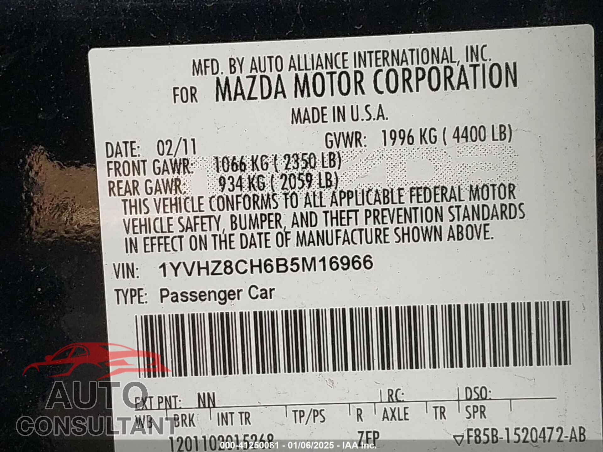 MAZDA MAZDA6 2011 - 1YVHZ8CH6B5M16966