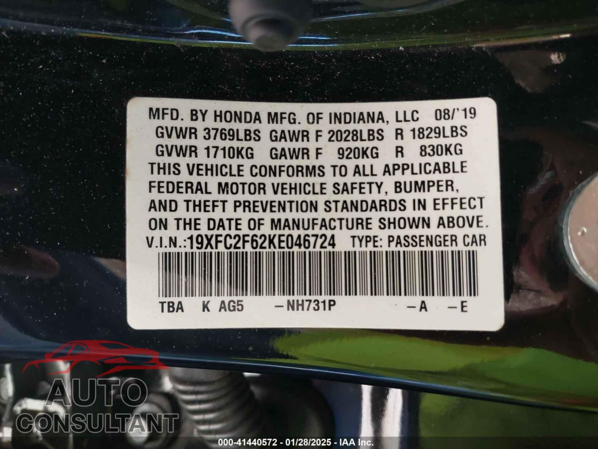 HONDA CIVIC 2019 - 19XFC2F62KE046724