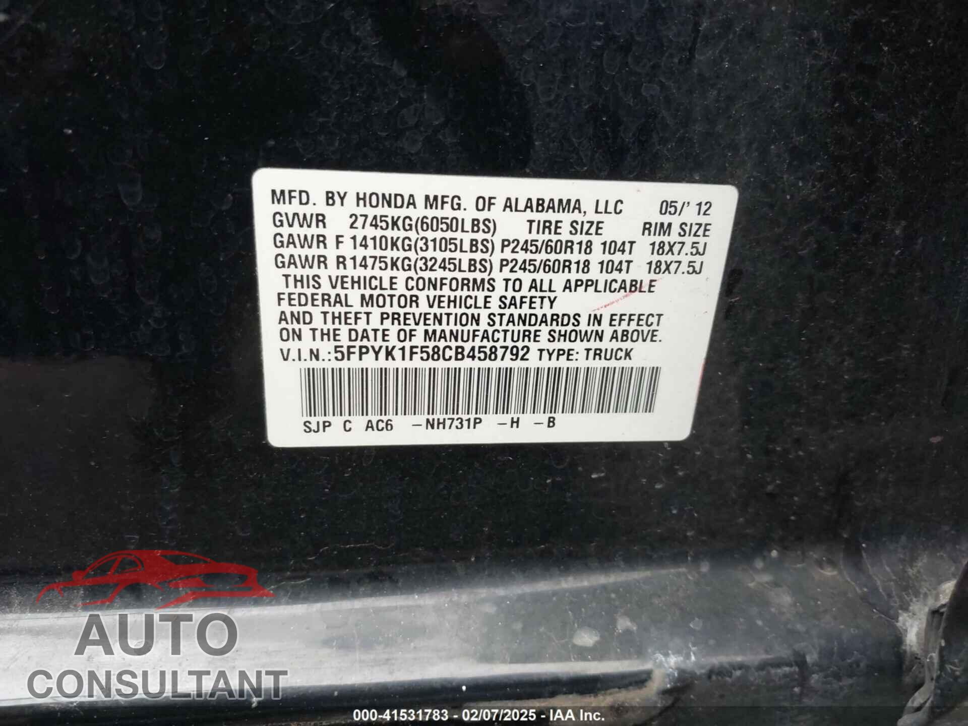 HONDA RIDGELINE 2012 - 5FPYK1F58CB458792