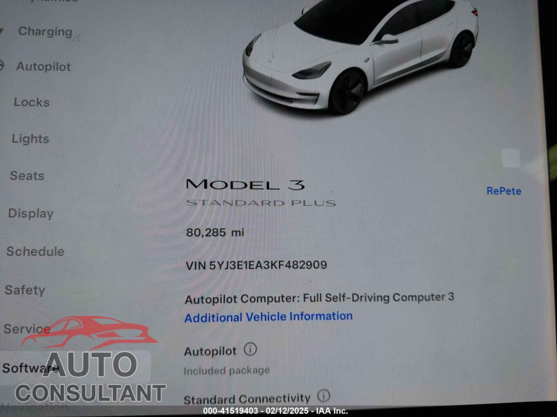 TESLA MODEL 3 2019 - 5YJ3E1EA3KF482909