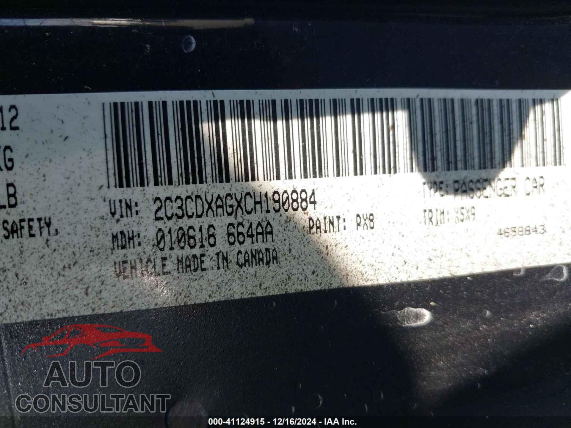 DODGE CHARGER 2012 - 2C3CDXAGXCH190884