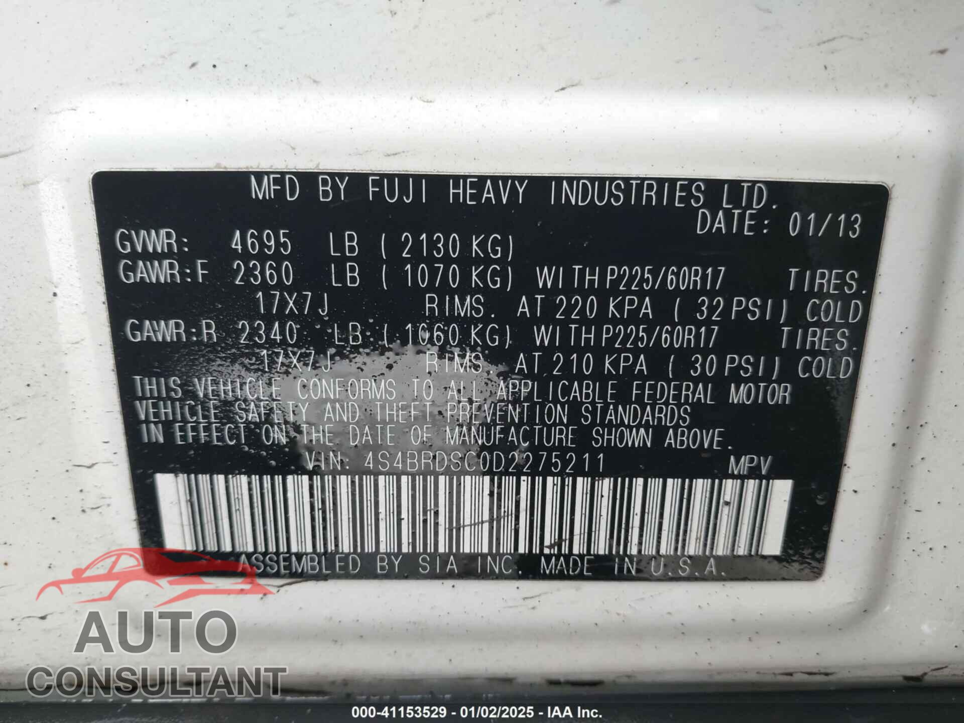 SUBARU OUTBACK 2013 - 4S4BRDSC0D2275211