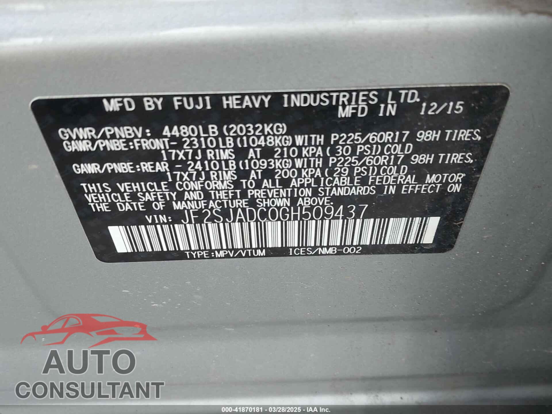 SUBARU FORESTER 2016 - JF2SJADC0GH509437