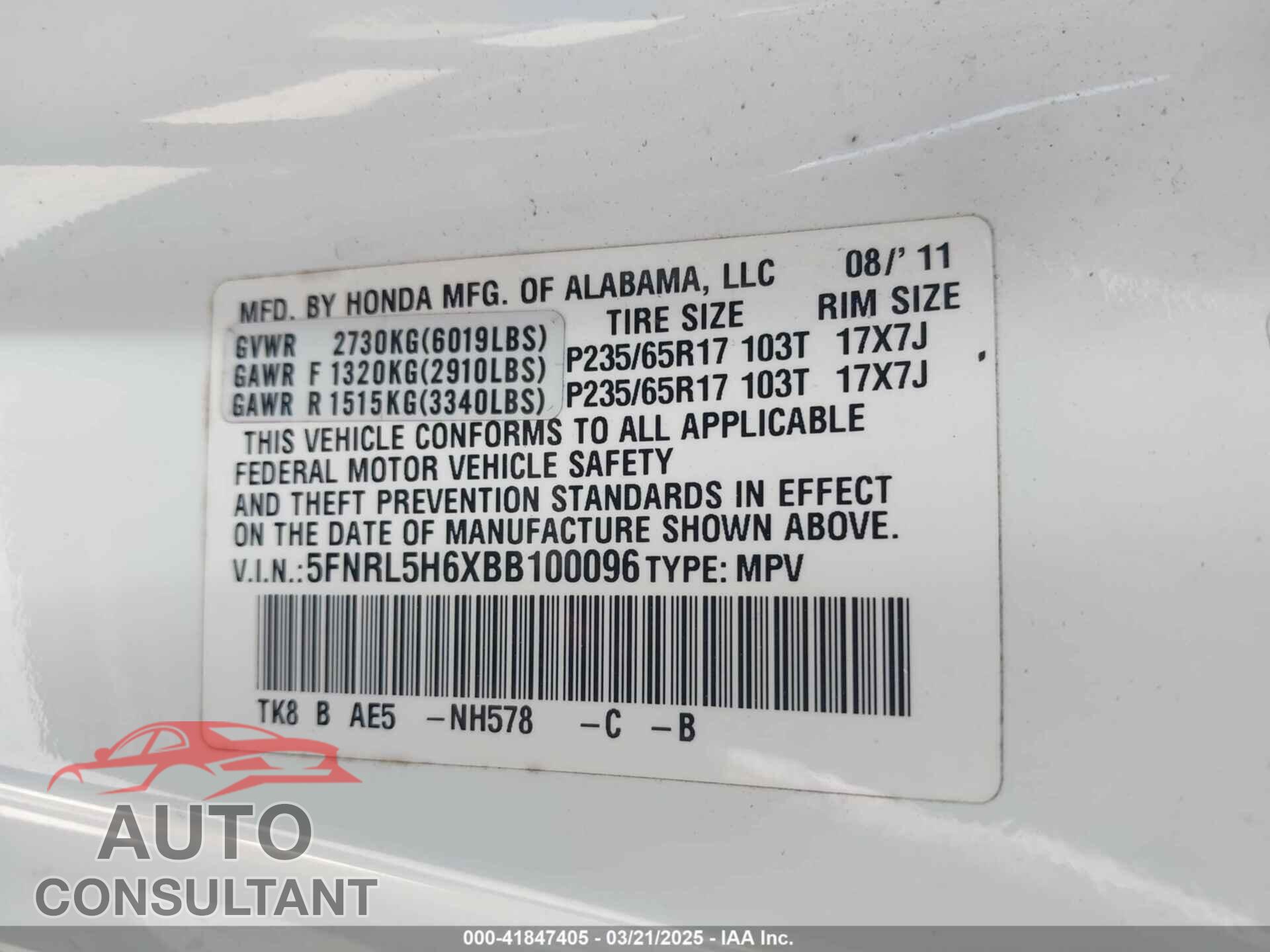 HONDA ODYSSEY 2011 - 5FNRL5H6XBB100096