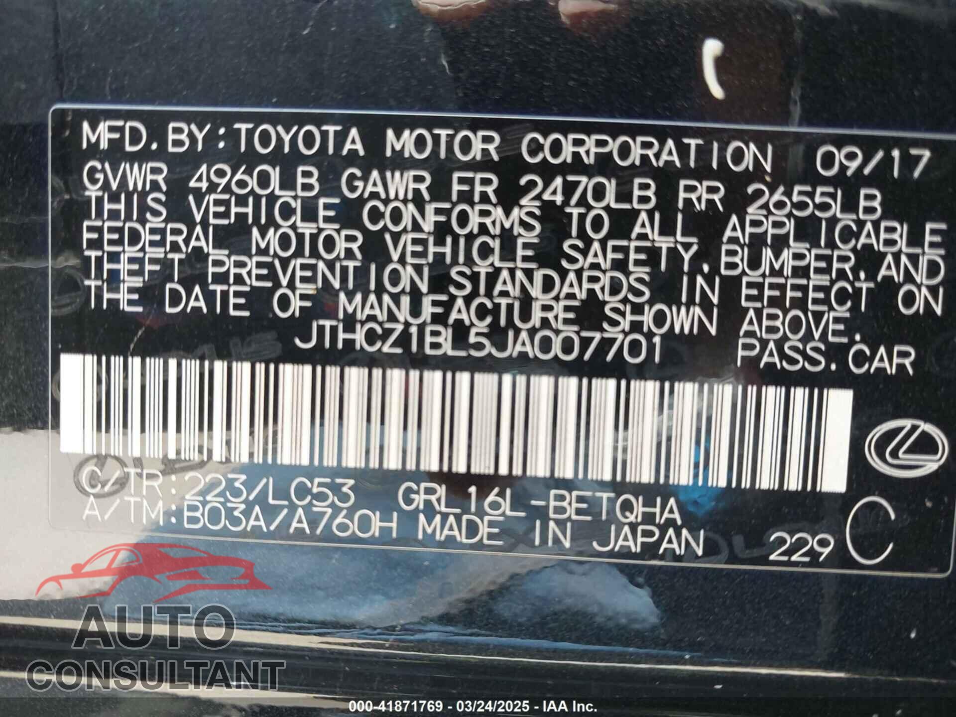 LEXUS GS 350 2018 - JTHCZ1BL5JA007701