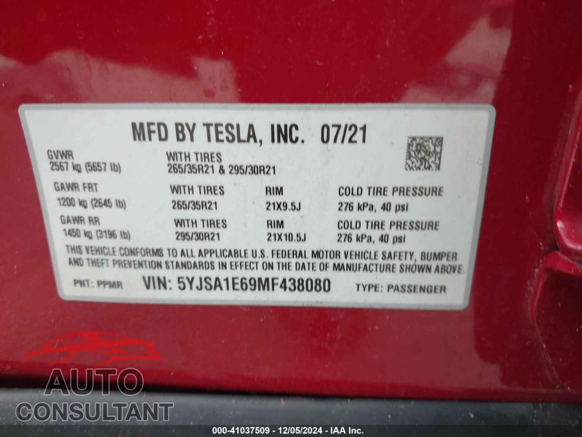 TESLA MODEL S 2021 - 5YJSA1E69MF438080
