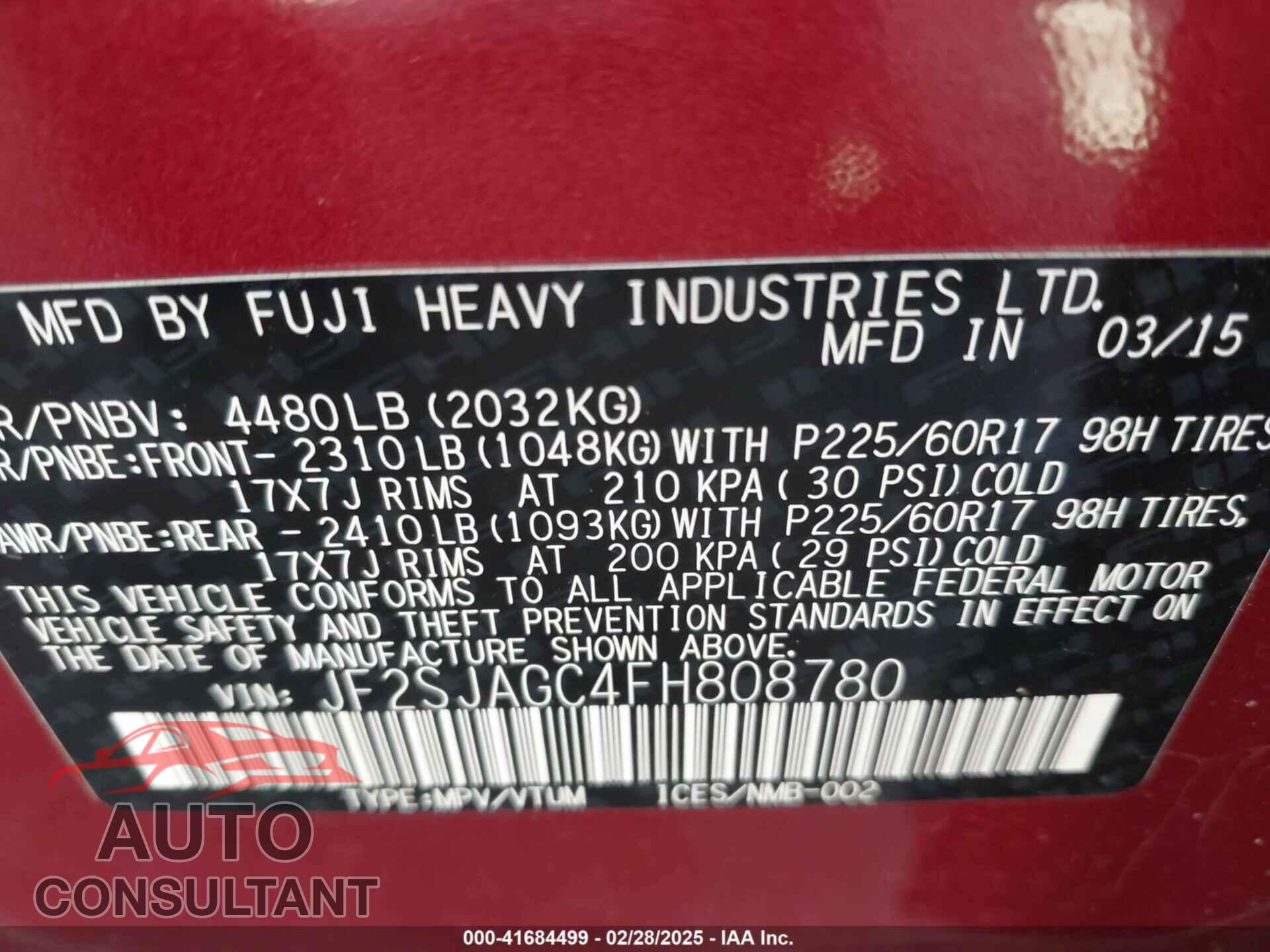 SUBARU FORESTER 2015 - JF2SJAGC4FH808780