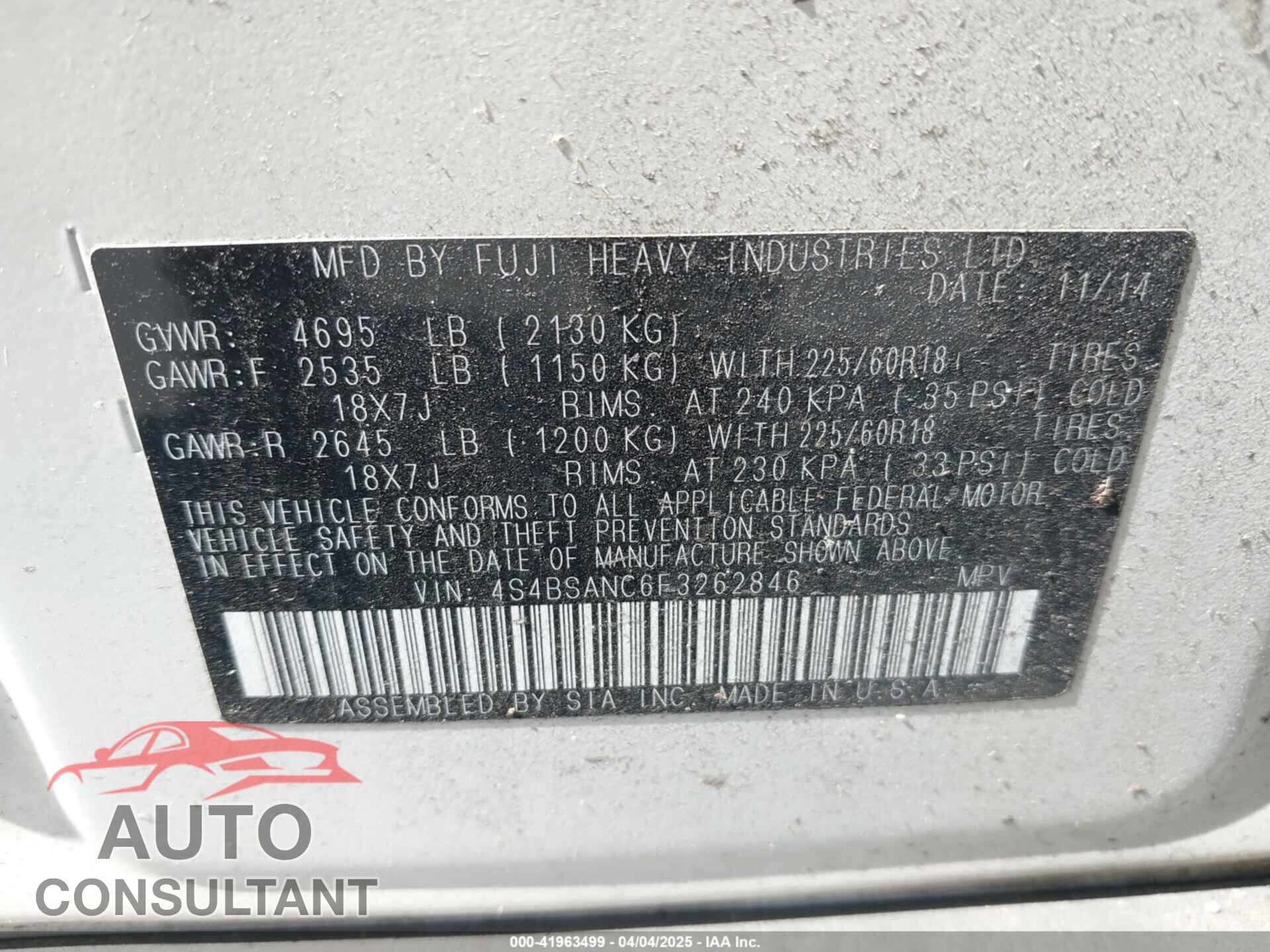 SUBARU OUTBACK 2015 - 4S4BSANC6F3262846