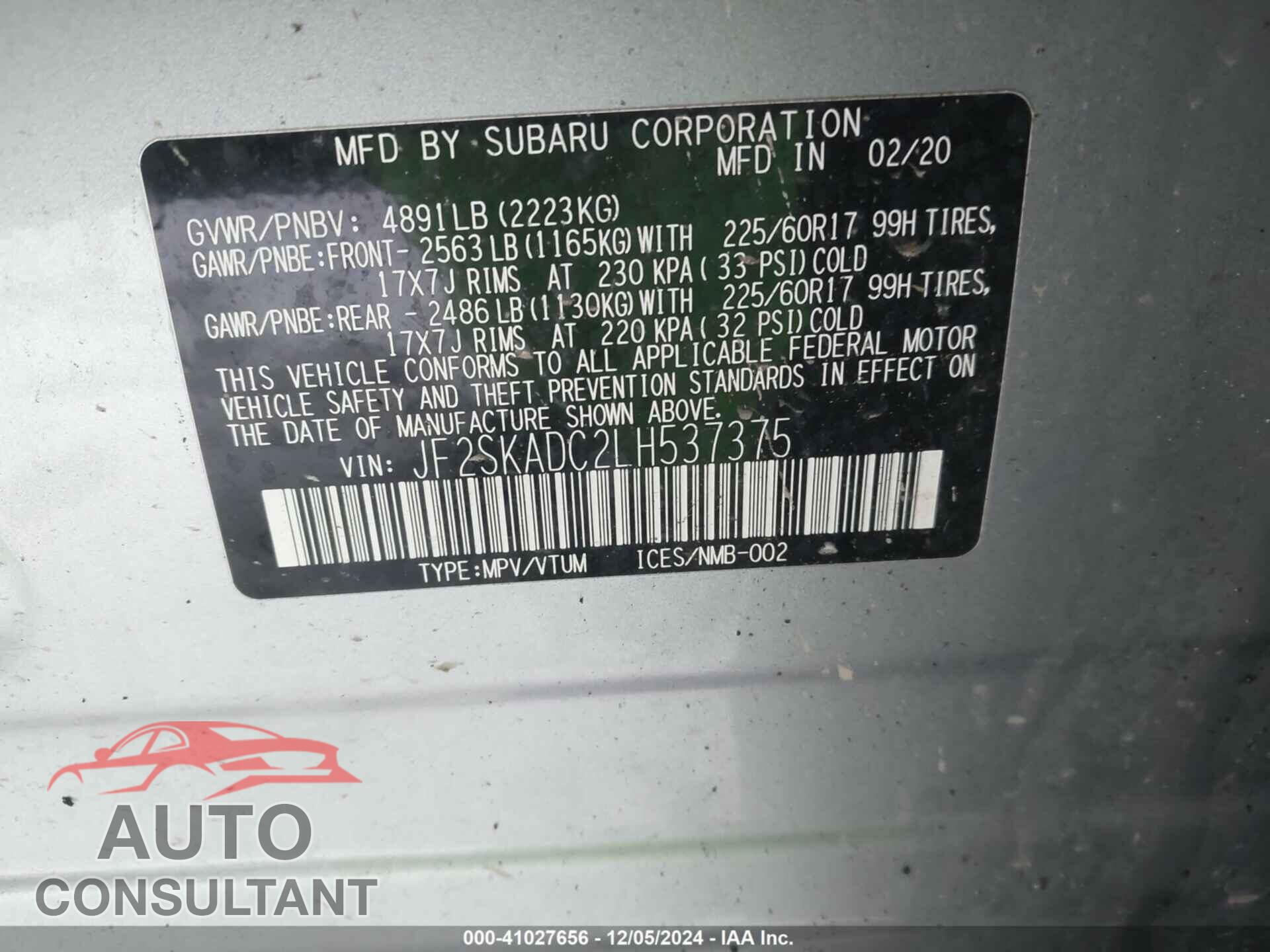 SUBARU FORESTER 2020 - JF2SKADC2LH537375