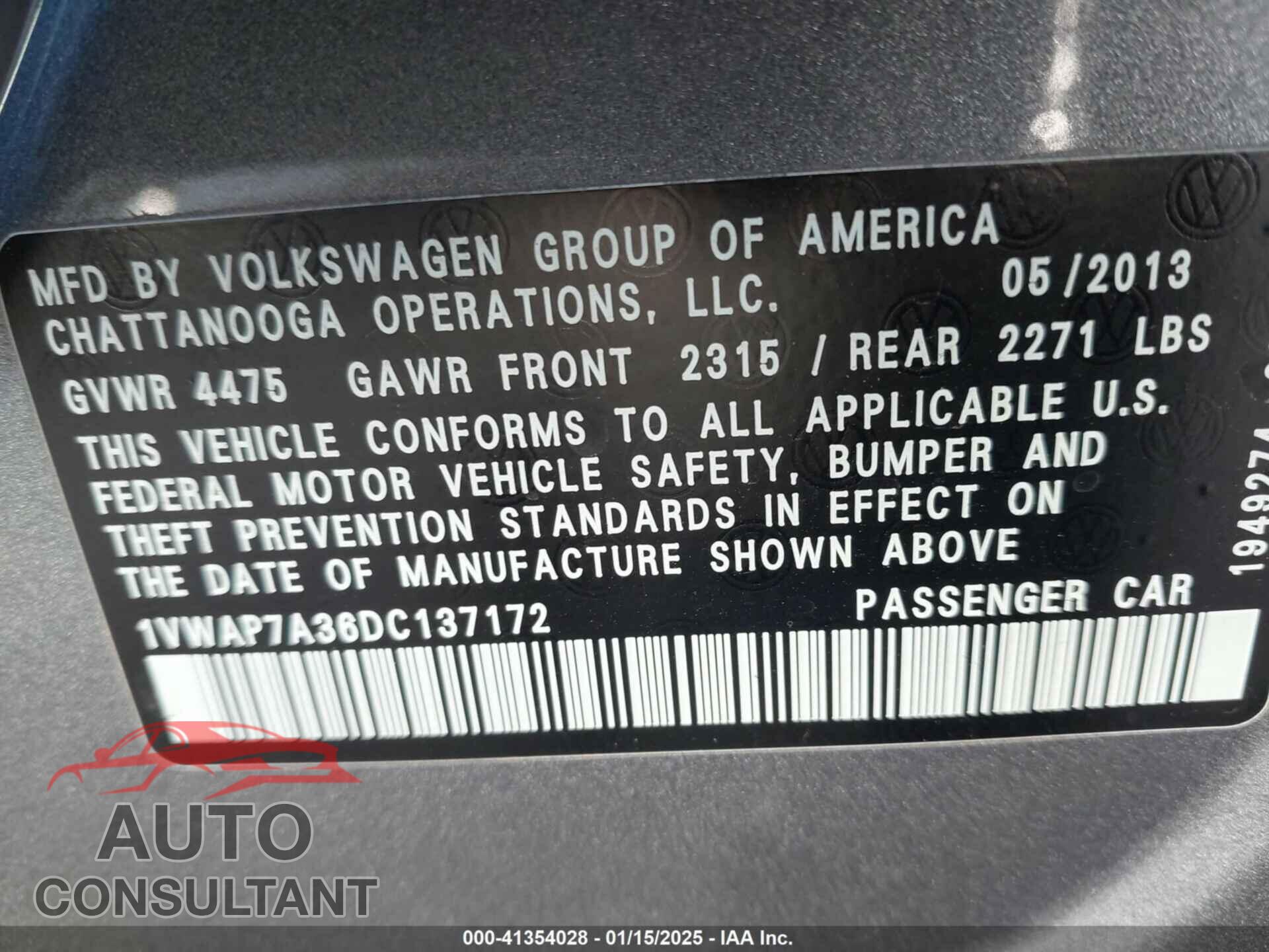 VOLKSWAGEN PASSAT 2013 - 1VWAP7A36DC137172