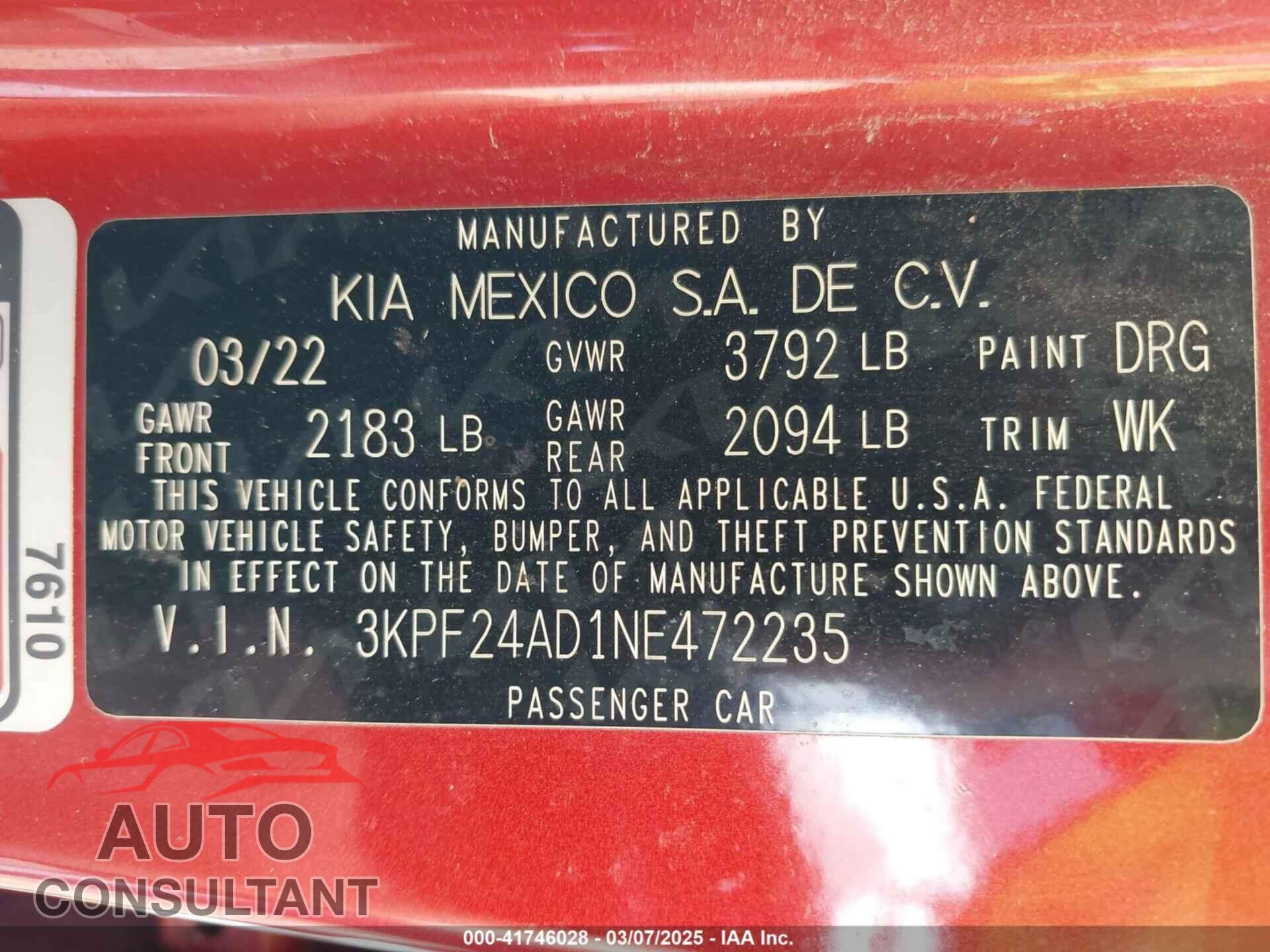 KIA FORTE 2022 - 3KPF24AD1NE472235