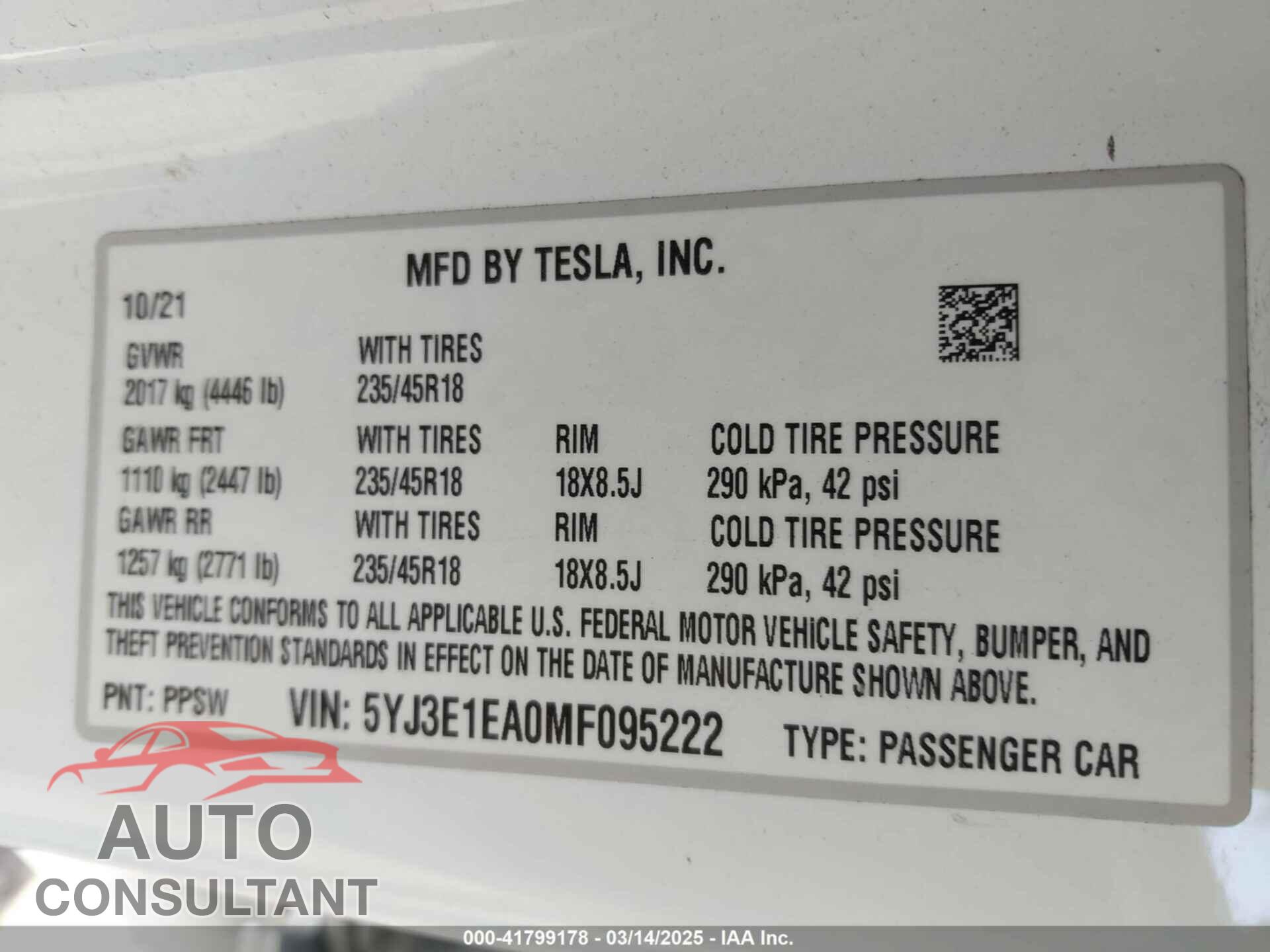 TESLA MODEL 3 2021 - 5YJ3E1EA0MF095222
