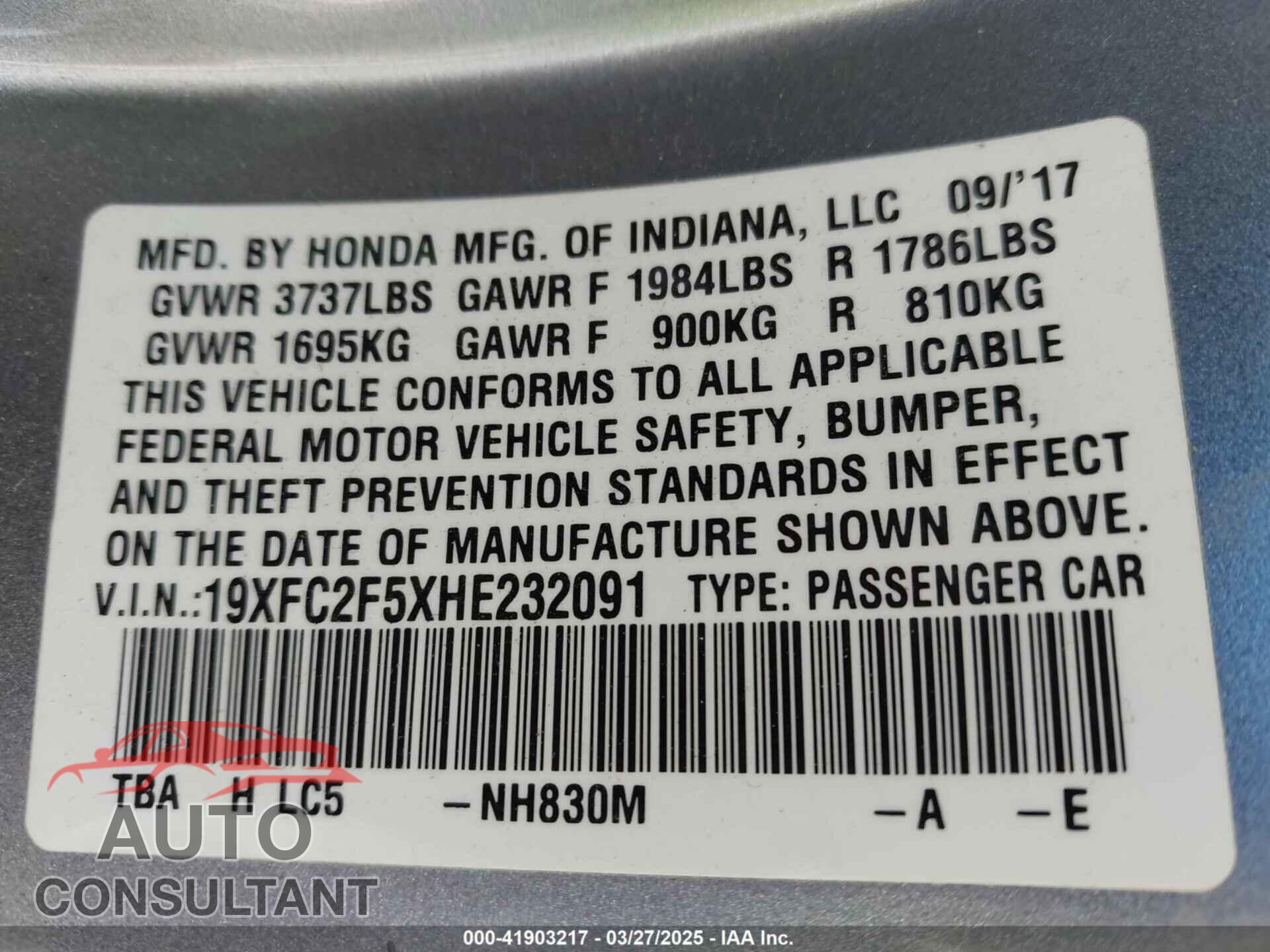 HONDA CIVIC 2017 - 19XFC2F5XHE232091