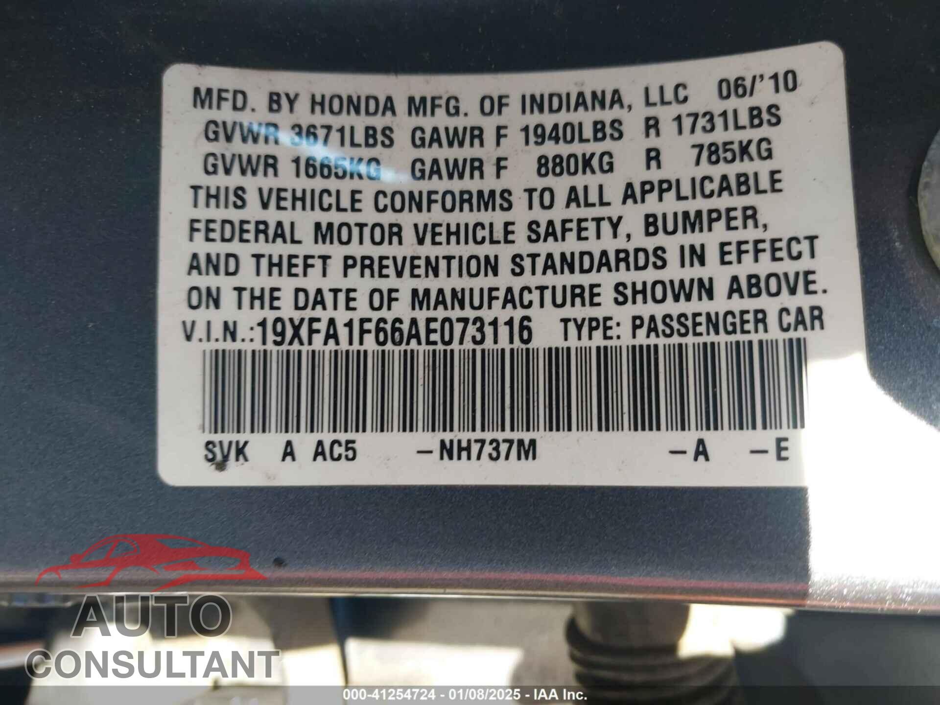 HONDA CIVIC 2010 - 19XFA1F66AE073116